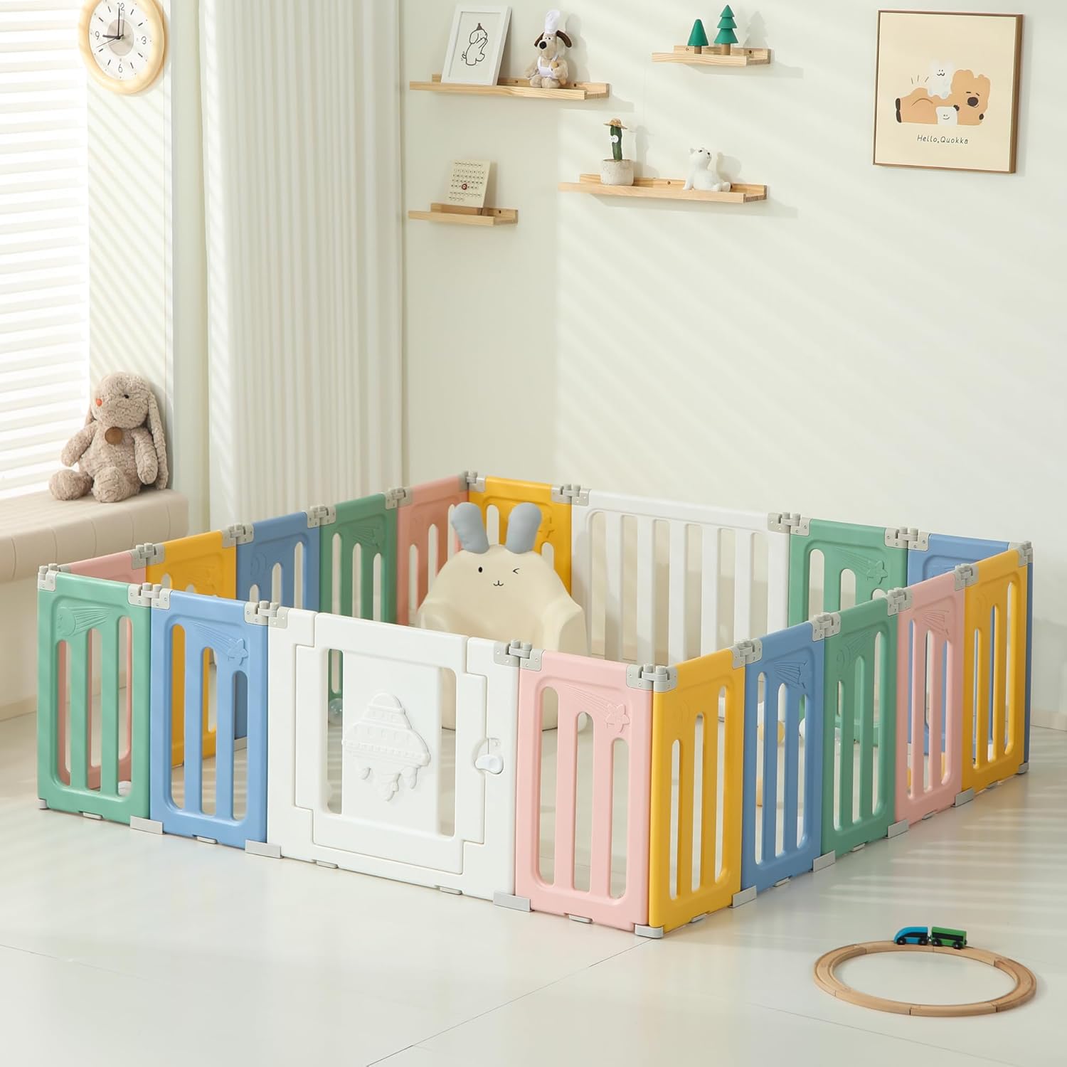 18-Panel Baby Playpen, Foldable Extra Large Play Yard for Babies and Toddlers, Portable Baby Fence with UFO Design, Kids Activity Gate Playpen – Colourful