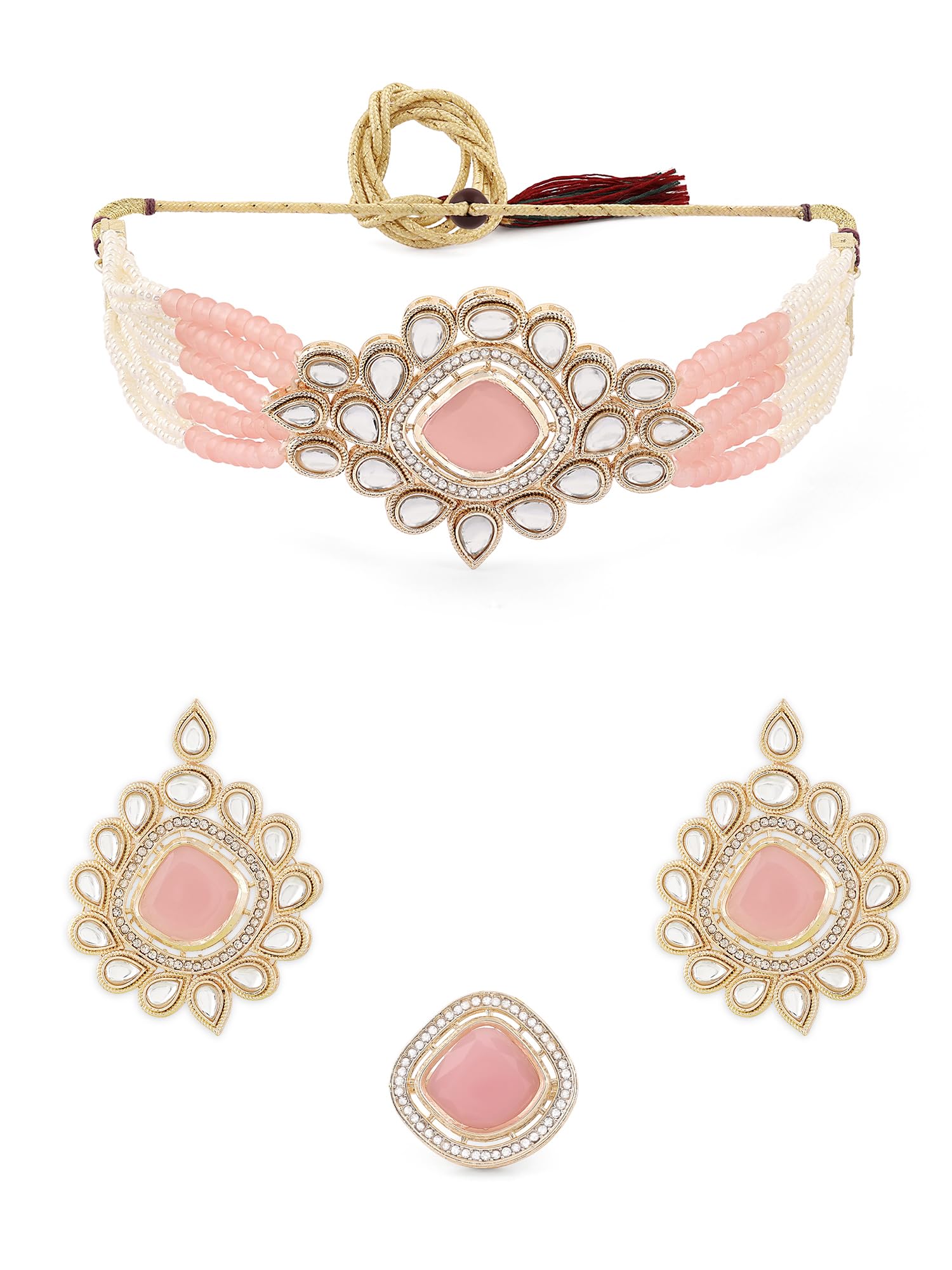 ZAVERI PEARLS Peach Multistrand Kundan Stones & Beads Choker Necklace Earring & Ring Set For Women-ZPFK16657 (B0CKJ2DDLJ) Amazon Price History, Amazon Price Tracker
