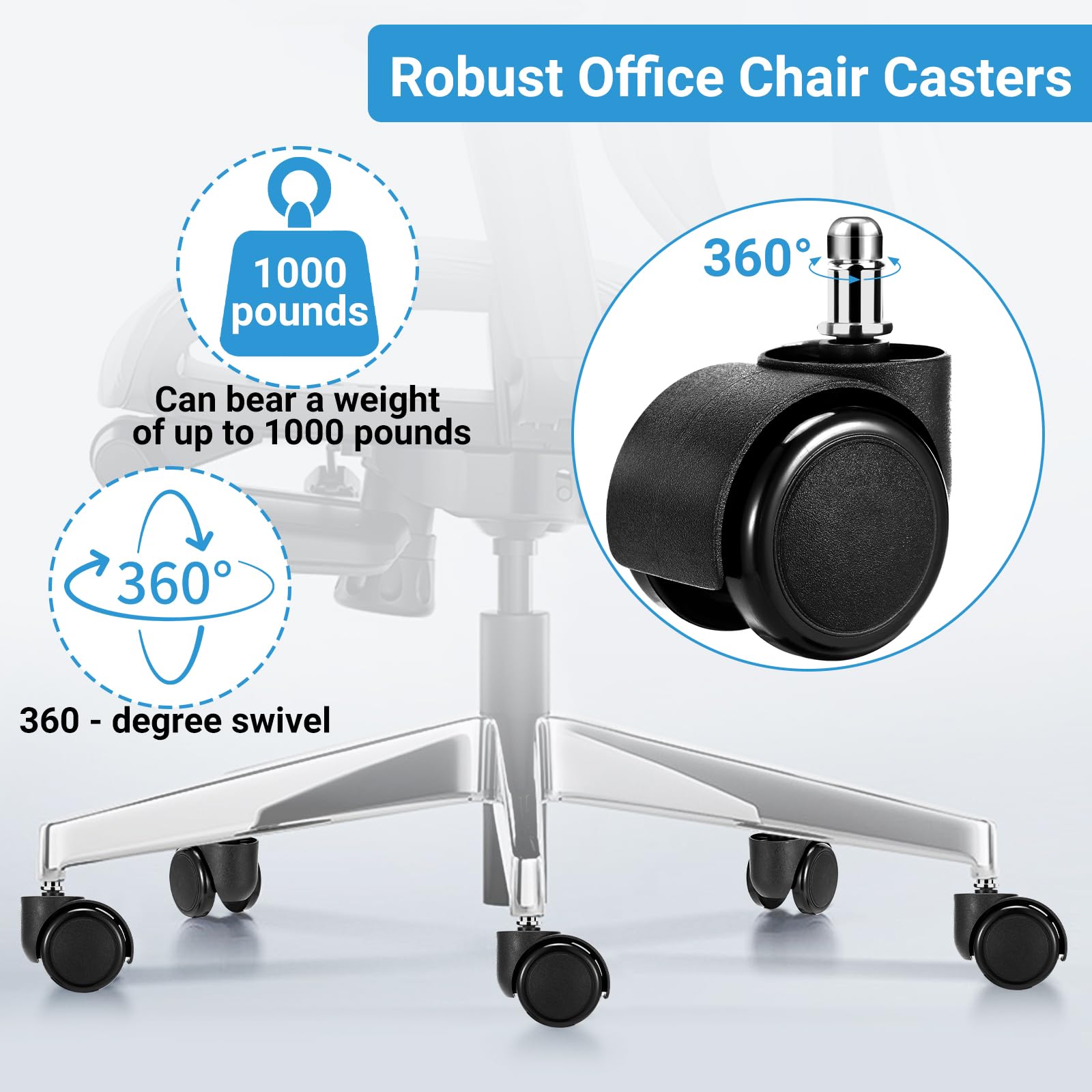 2 Inch Office Chair Casters Wheels Heavy Duty 5 pcs Chair Wheel Replacement Mute Rubber Rotating Desk Chair — view 3
