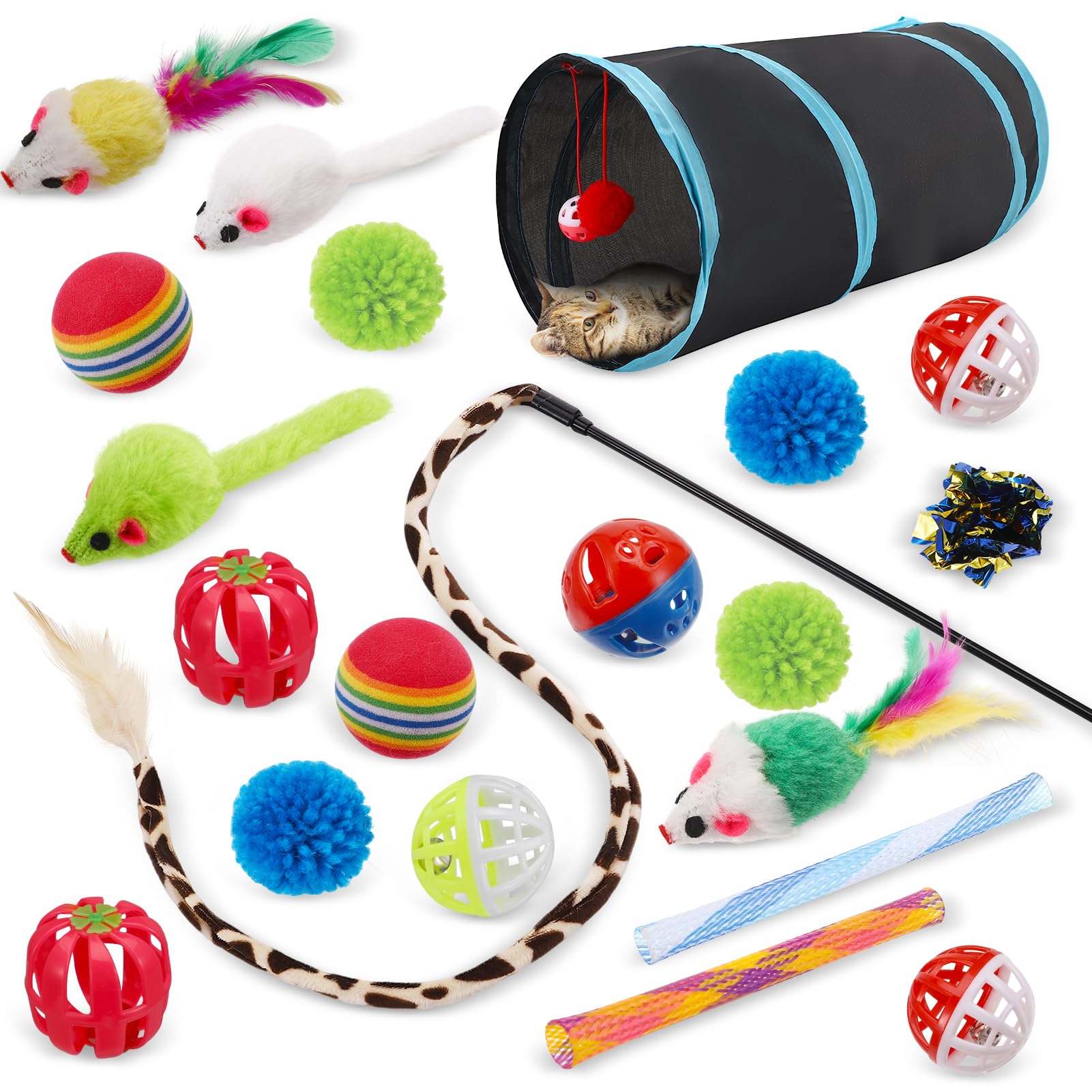 GSrenyu 24Pcs Cat Tunnel Toys Indoor, Collapsible Cat Tunnel,Mice,Cats Teaser Wand,Springs Toy,Crinkle Balls,and Bells Balls Interactive Toy for Indoor Cats Kitten- lack
