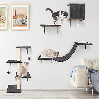 HEVOL Cat Shelves and Perches for Wall, 4Pcs Set Cat Hammock Wall Mounted, Wooden Cat Wall Furniture with Cat Wall Steps and Cat Tree Tower for Indoor Cats Climbing, Playing, Sleeping(Grey)