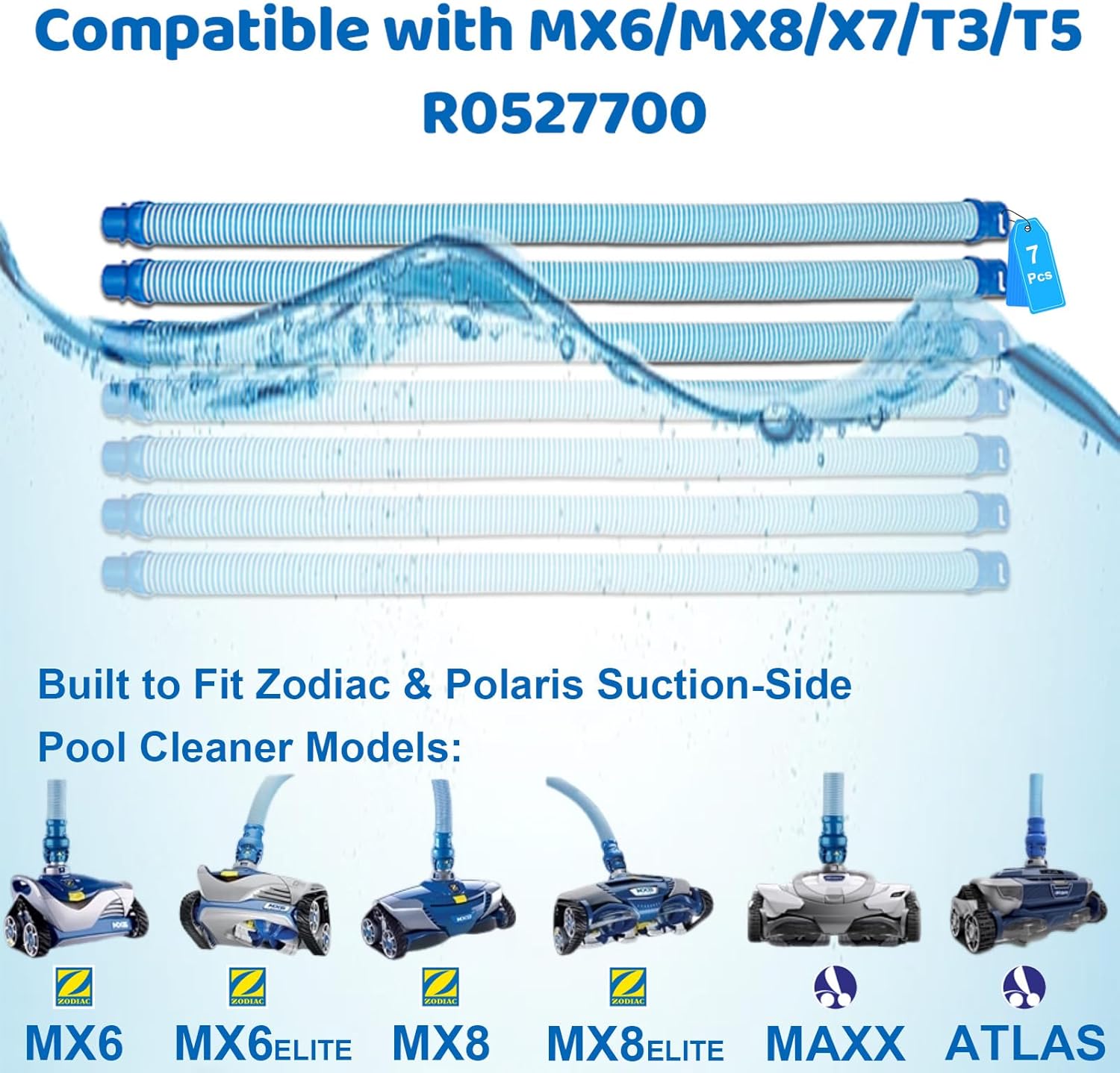 7 Pack Premium R0527700 Pool Cleaning Vacuum Hoses, Fast Twist Lock Hose Replacement Kit Compatible with Zodiac Baracuda MX6,MX8,X7,T3,T5 Swimming Pool Cleaner, One Year Warranty