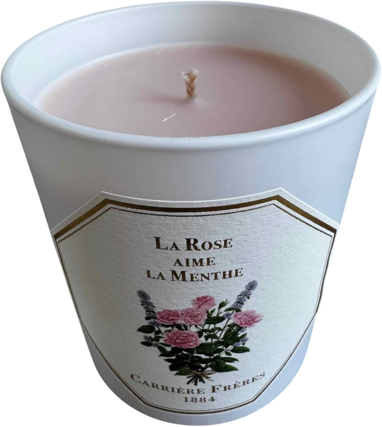 Carrière Frères La Rose Aime La Menthe Scented Candle, White Jar, Vegetable Rose-Tinted Wax, 6.5 Oz, 40-45 Hour Burn Time