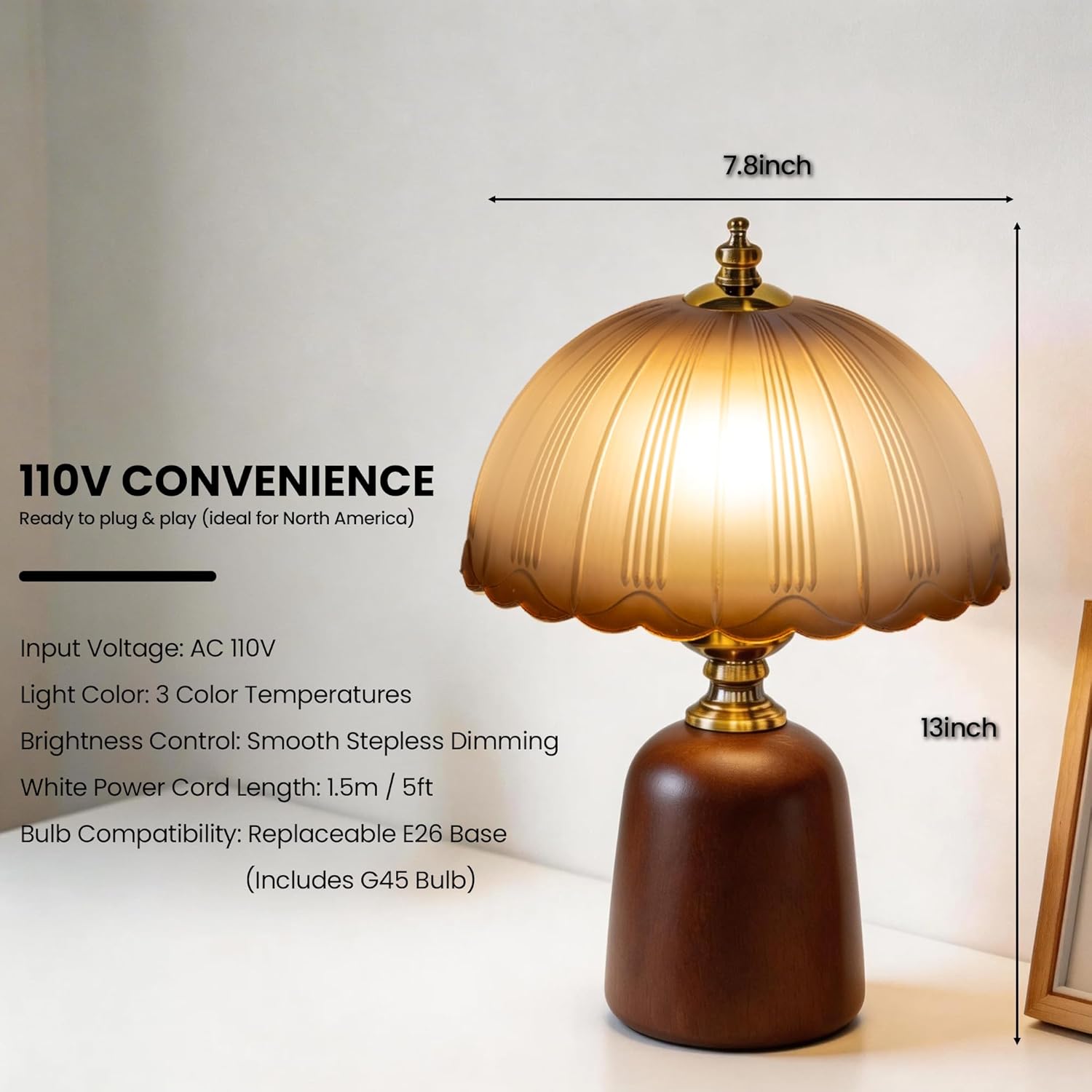 Mushroom Solid Wood Table Lamp, Vintage Scalloped Glass Shade, Mid-Century Modern Decor, 3Color Dimmable Bedside Lamp for Bedroom, Living Room & Library, Aesthetic Home Gift, LED Bulb Included