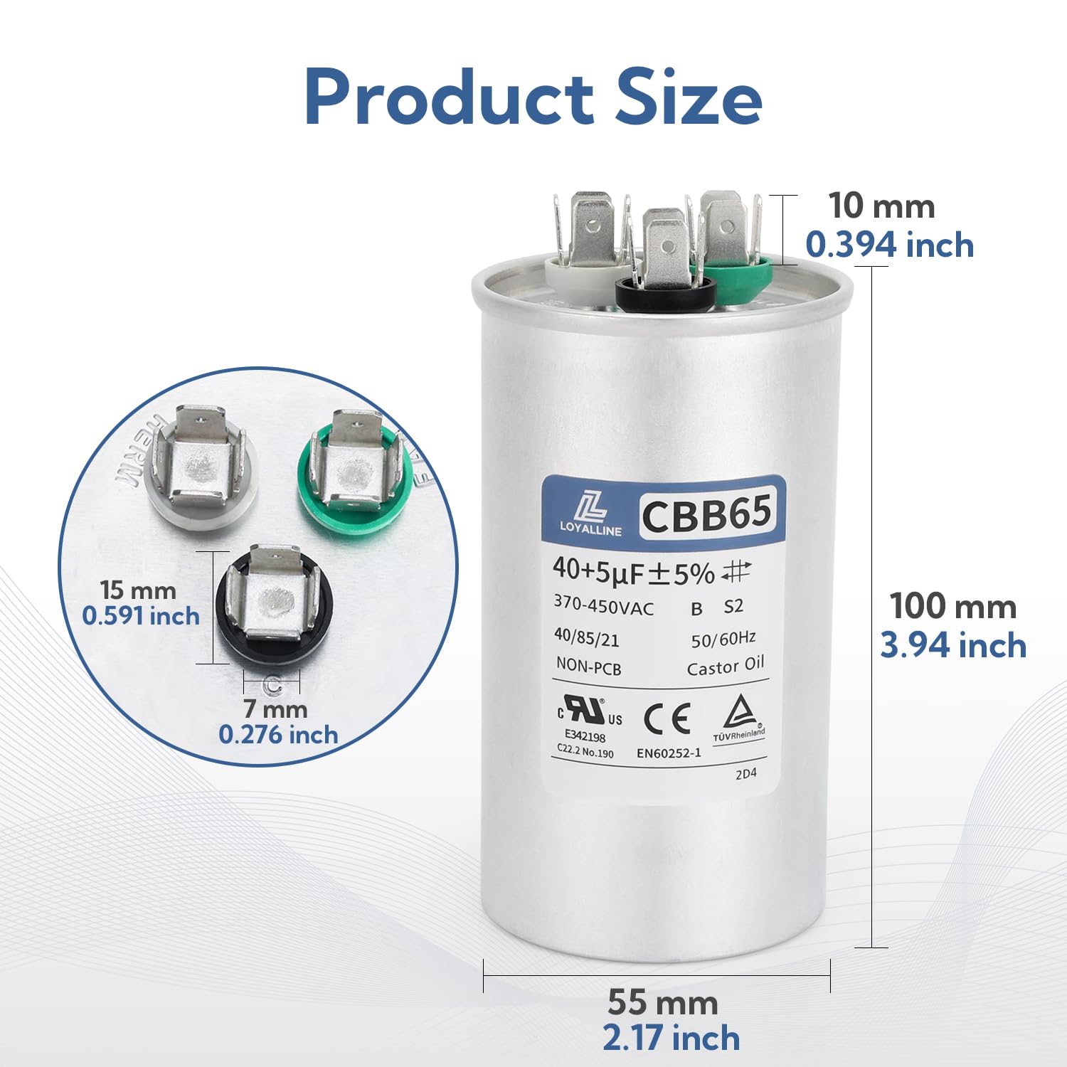 40 5 MFD 40+5uf CBB65 Capacitor for AC Motor Run, Fan Start, Condenser Straight Cool, Heat Pump, Air Conditioner, HVAC Capacitor, 370V 440V 450V AC 50/60Hz, 2 Pack- Guaranteed to Last 5 Years