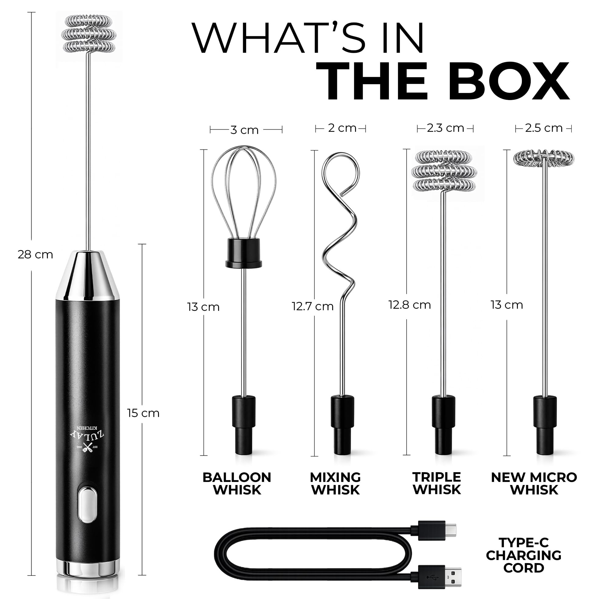 Zulay Kitchen Mousseur à lait portable rechargeable – Baguette à mousser – Mélangeur de boissons, fouet électrique pour cappuccinos, matcha et poudre de protéines – 4 fouets ultra métalliques, 1800