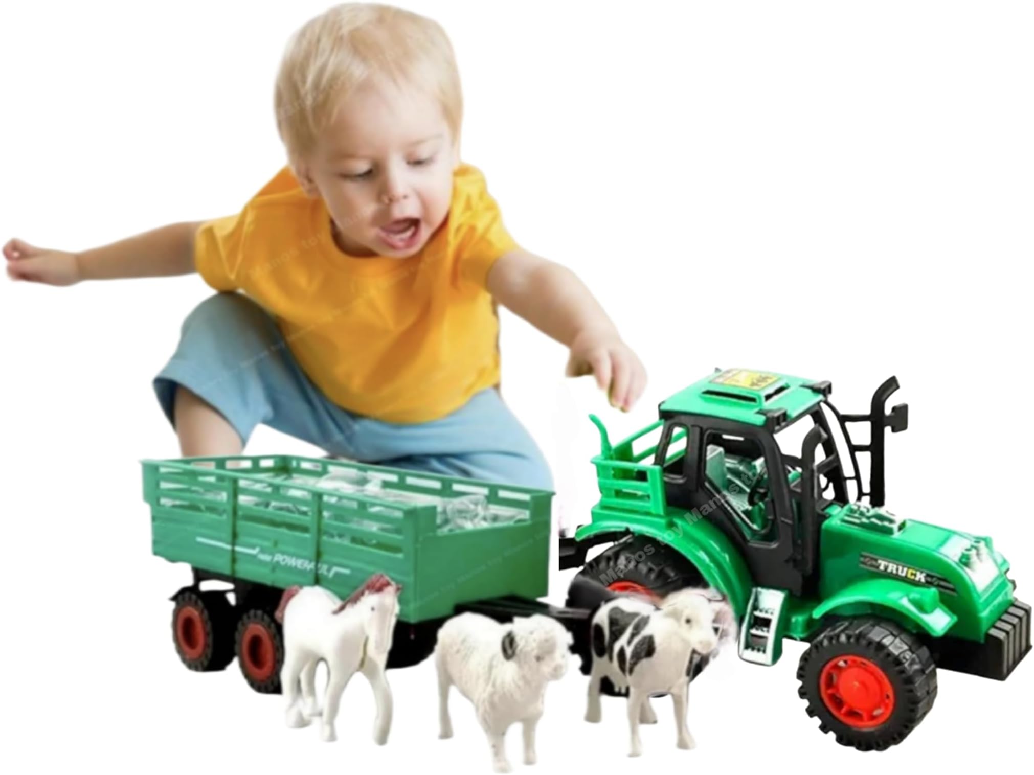 Manos Toy Tractor with Trailer and Farm Animal Figurines, Green Firm Tractor Toy Farmer Toy Pack of 1