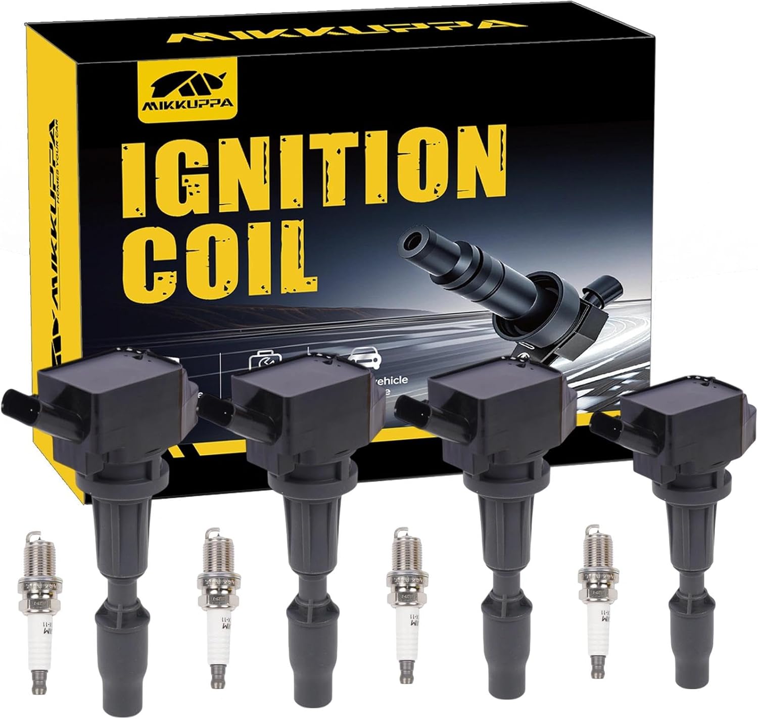 MIKKUPPA Ignition Coil Pack and Spark Plugs - Set of 4 Replaces# UF764, Compatible with Hyundai Sonata Santa Fe Sport Tucson Kia Optima Sorento Sportage 2.0L 2.4L L4