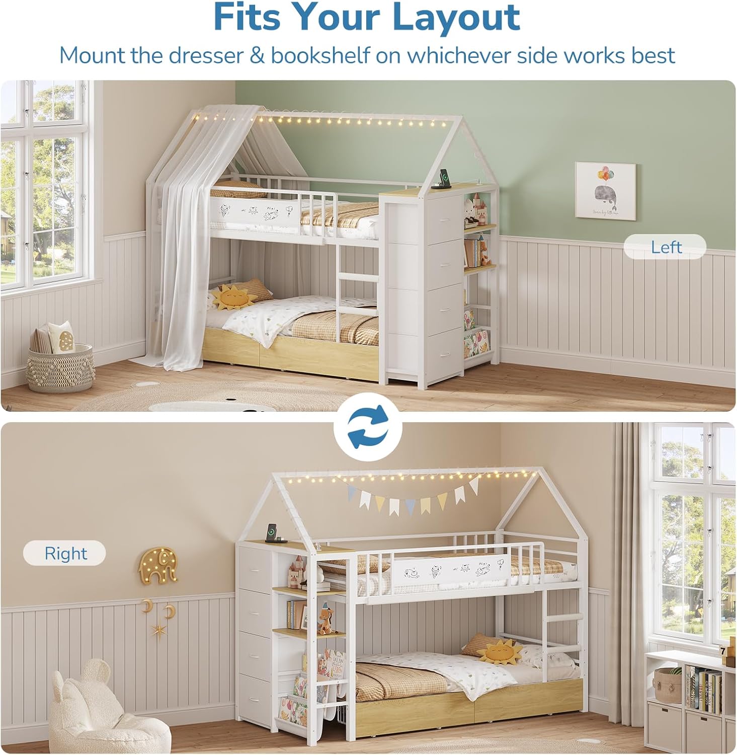 Twin Bunk Bed for Kids with 6 Storage Drawers, Montessori Bookshelf, House Shaped Bed with Globe String Lights and USB Ports, Metal Low Bunk Bed Twin Over Twin with Safety Guardrail and Ladder, White
