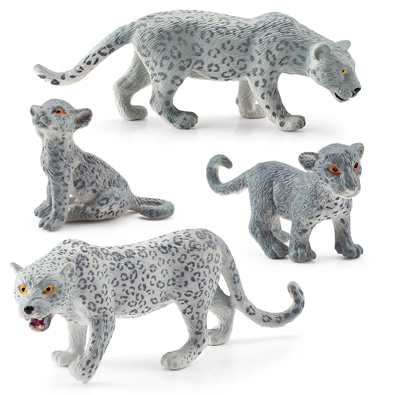 Conjunto de figuras de leopardo de nieve - 4pcs juguetes animales de la jungla en miniatura realista | Highland Wildlife Figures Playset, toppers, regalo de cumpleaños para niños, juguete educativo pa