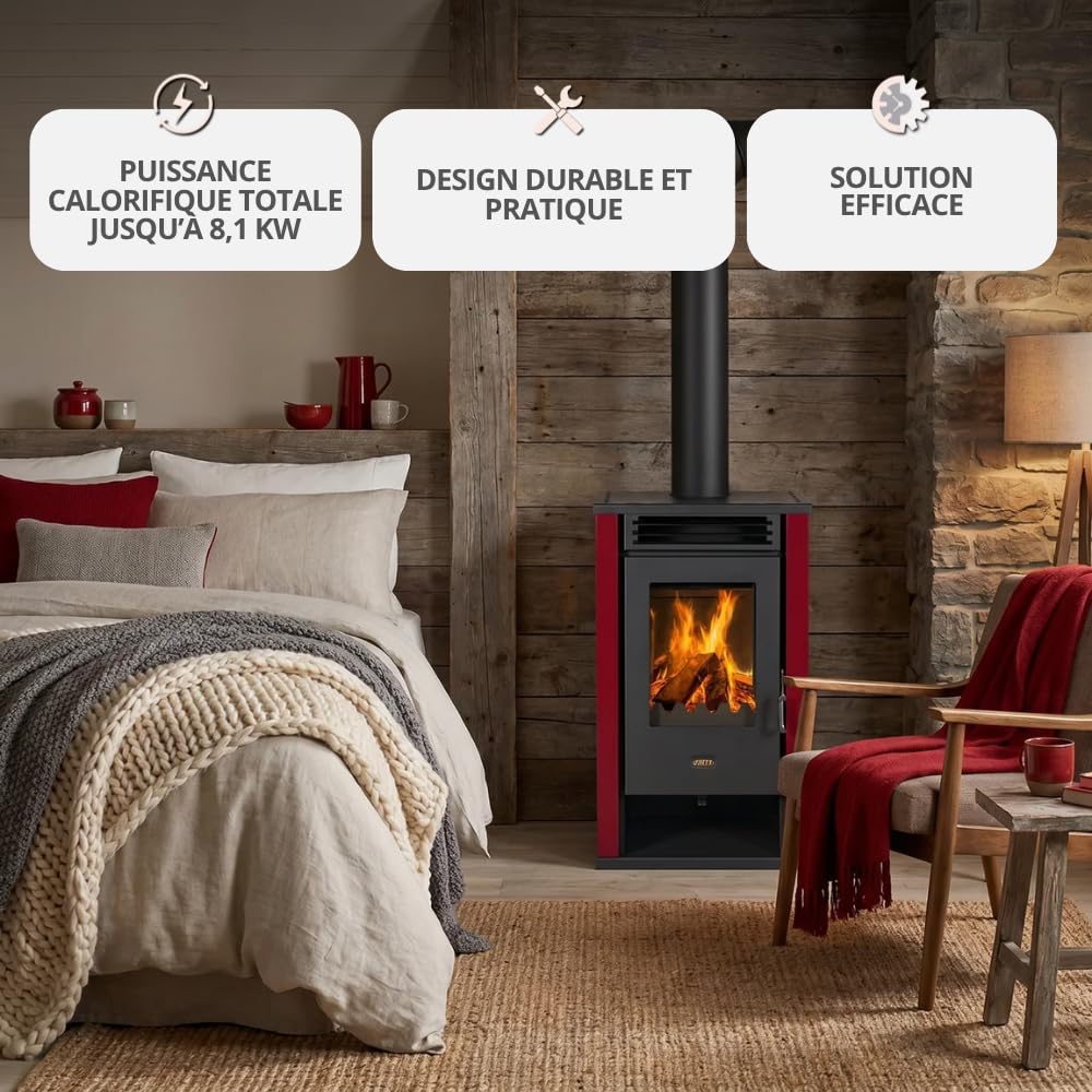 Prity K2 GT Poêle à bois 8,1 kW, classe d'efficacité énergétique A+, rendement 80,4 %, tuyau de fumée Ø 150 mm, construction robuste en acier et fonte
