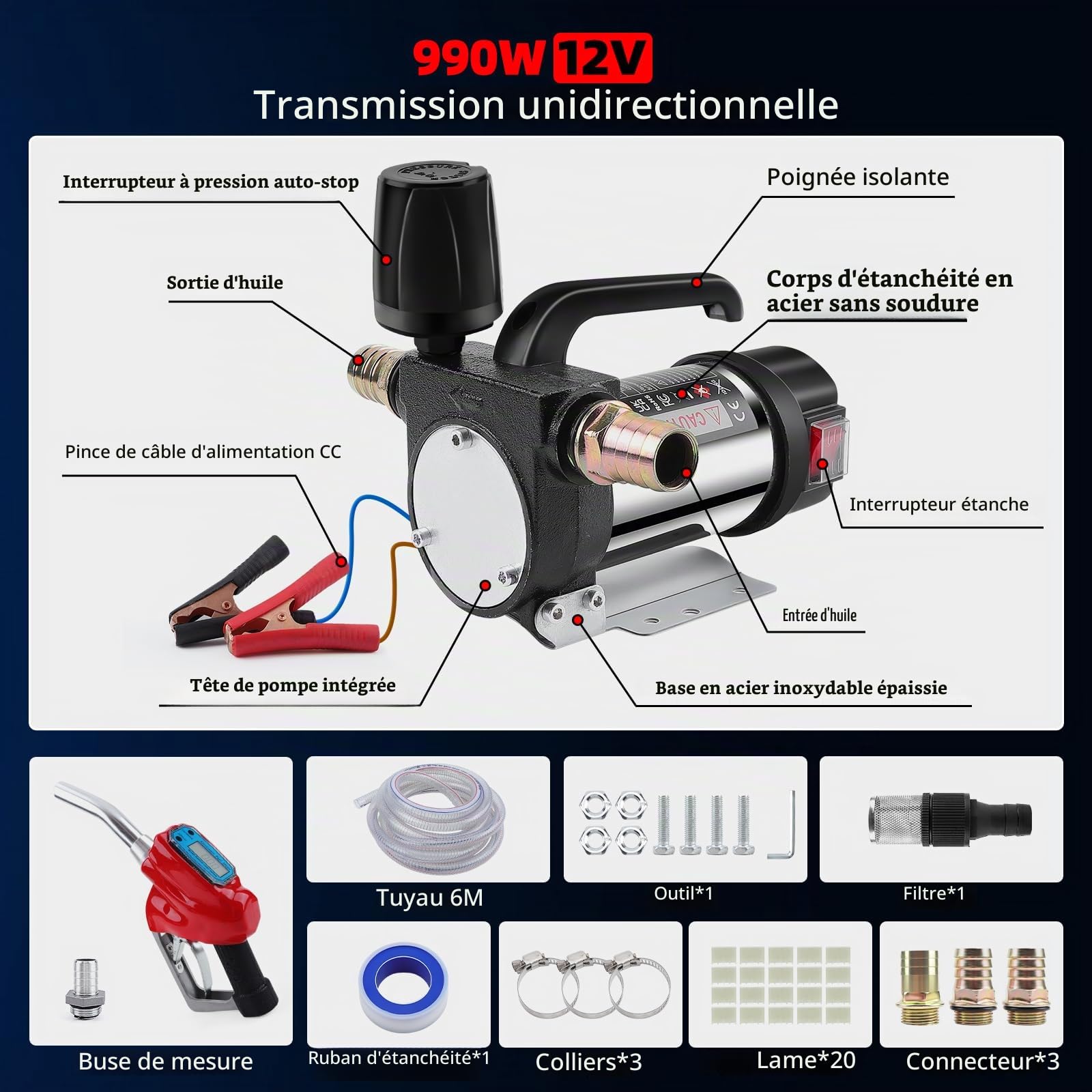 KAOLALI Pompe de Transvasement Diesel 12V 990W, Pompe Gasoil Electrique, 12GPM Pompe de Transfert 60L/min, Pompe à Carburant avec Gicleurs à arrêt Automatique, 6M Tuyaux, Pistolet de mesure