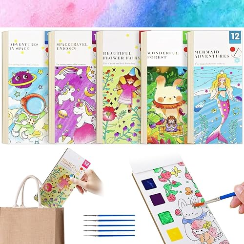 DIKOCO Juego de 5 libros de pintura de acuarela, kit de bolsillo de viaje con libros para colorear para niños, juego de libros de pintura de