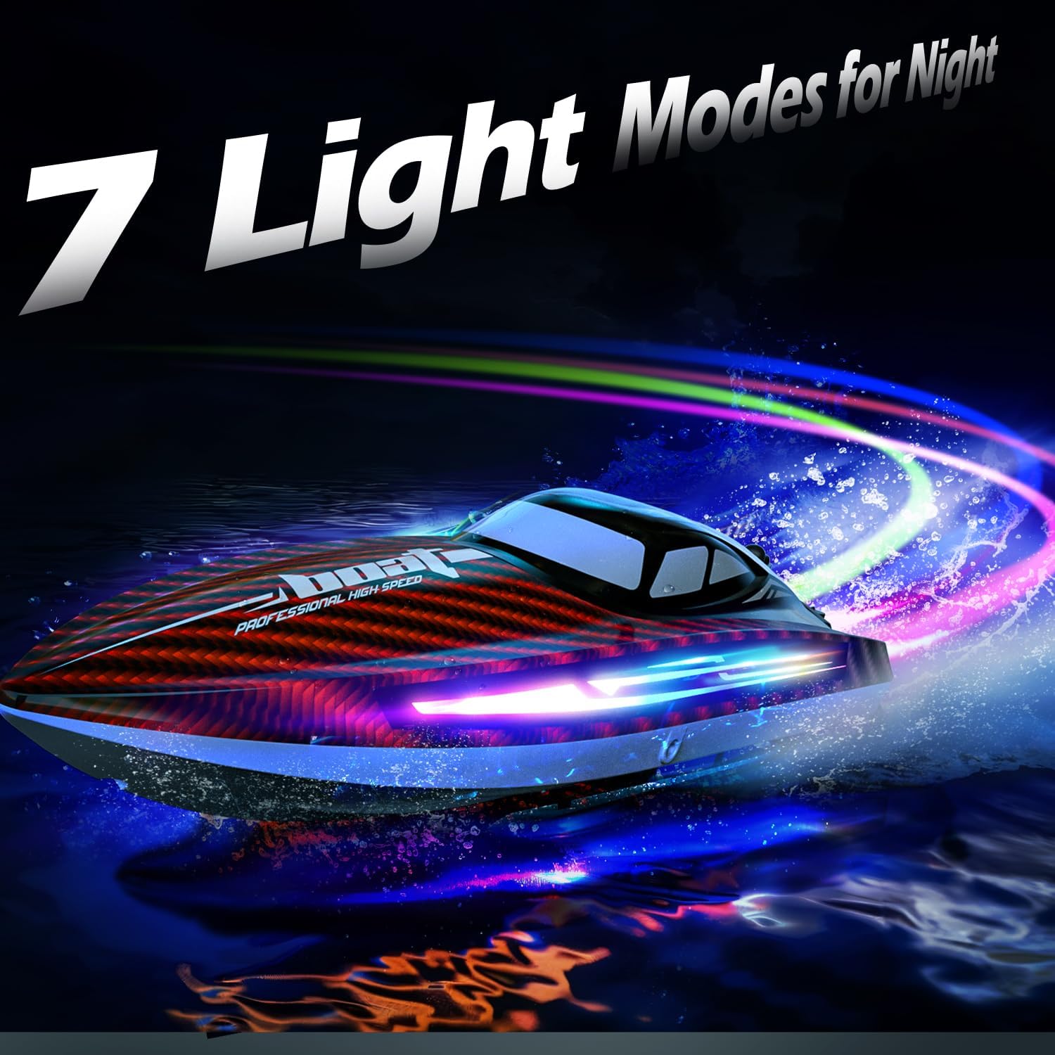30KMH RC Remote Control Boat with 7 LED Light Modes Waterproof Electric Fast Speed Boat for Adults Kids 8-12 Lake Pool Water Play,Self-righting,Demo,Water Cooling,20Mins,Low Battery Alert,2.4Ghz,Red