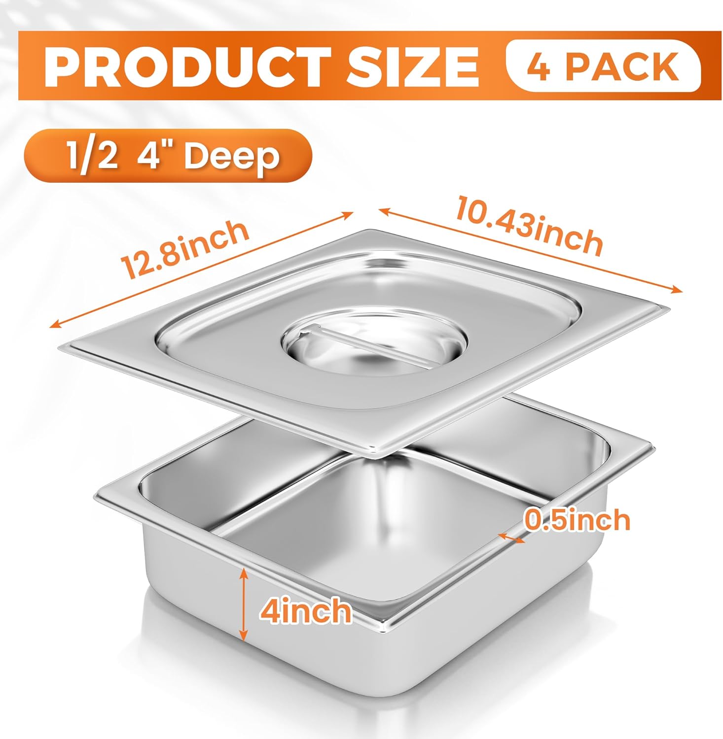 4 Pack Hotel Pans with Lids 1/2 Size 4" Deep, Stainless Steel Steam Table Pan with Lid, Commercial Metal Buffet Food Storage Container, Anti-Jam Design, for Restaurant, Kitchen, Party, Home