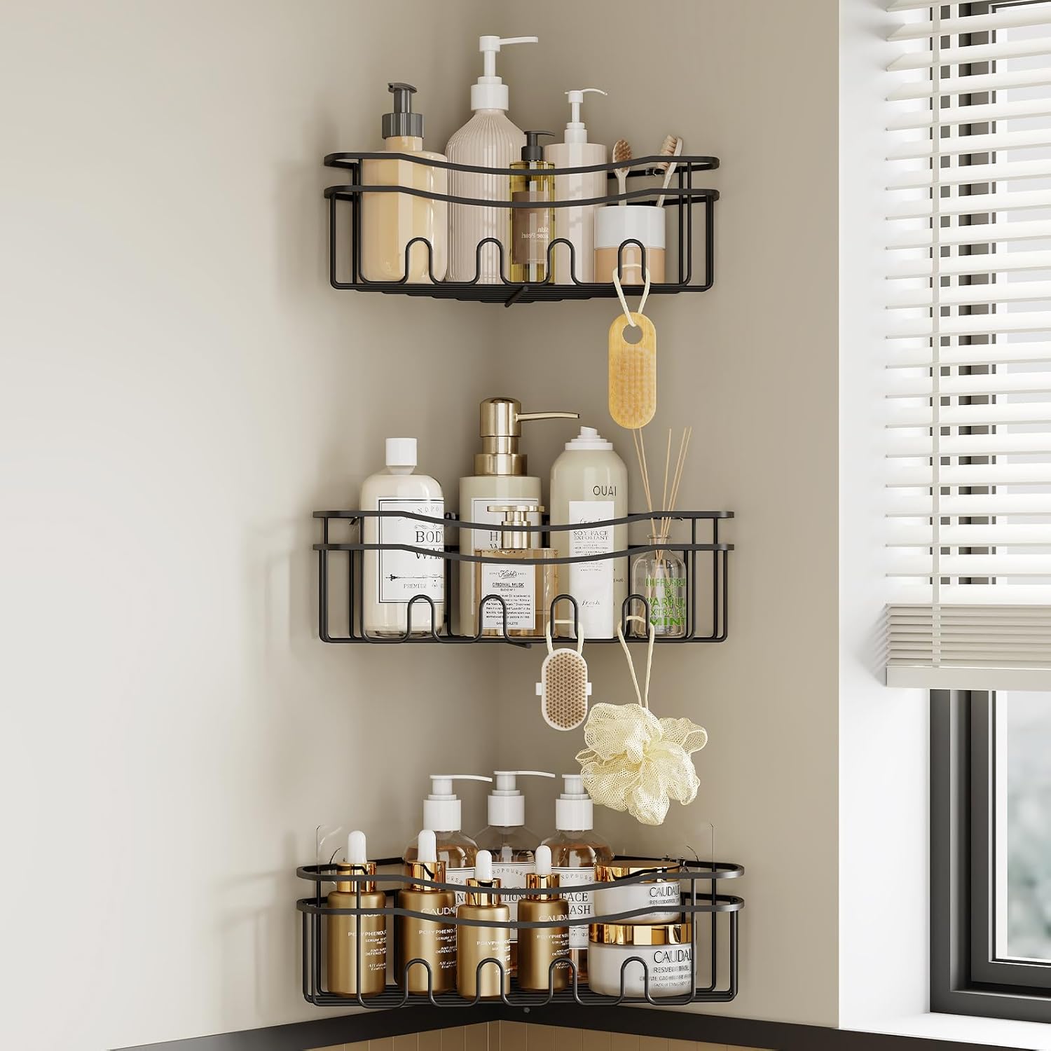 STAHLHEART Black corner shower caddy with depth caddy and Built in 12 hooks rustproof wall mounted No drilling