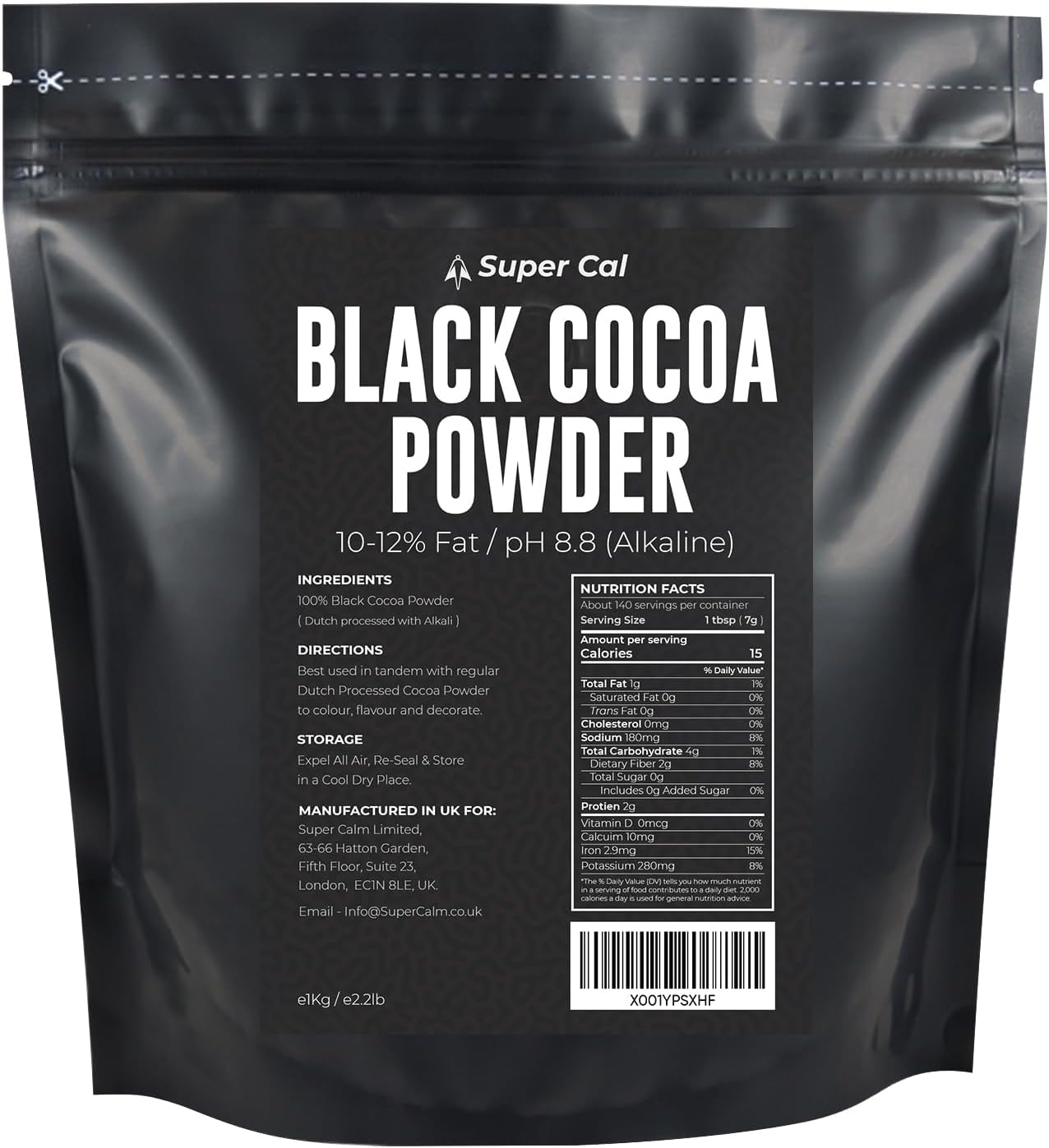 Black Cocoa Powder for Baking - 1kg Pouch | Intense Deep Black Dutch Processed Unsweetened Cocoa Powder | pH 8.8 (Zero Bitterness) with 10-12% Fat | Super Cal