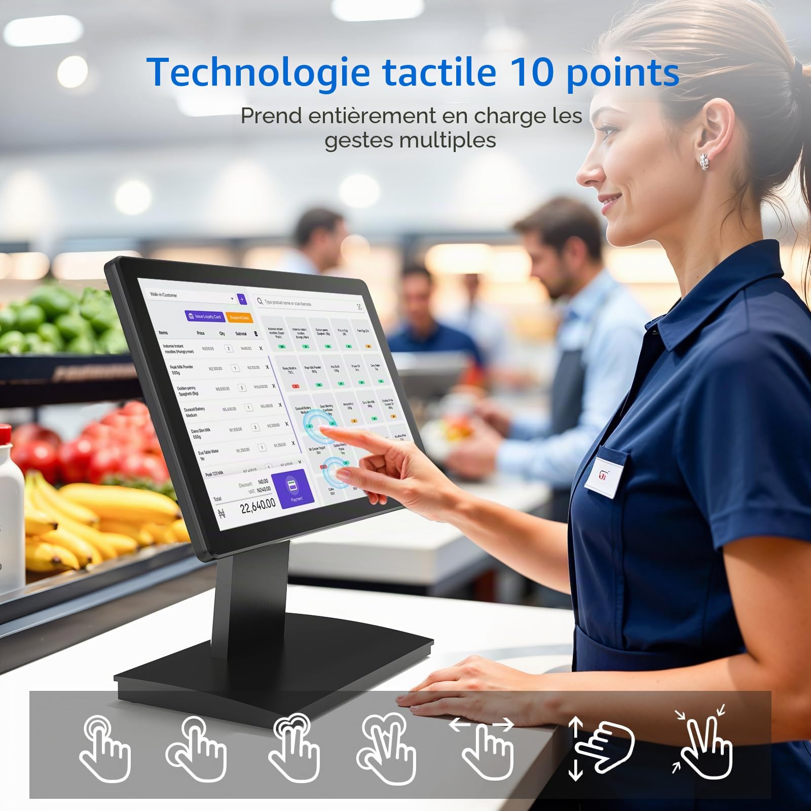 Moniteur de Point de Vente à écran Tactile de 15,6", écran IPS FHD 1920 × 1080, Tactile capacitif à 10 Points, avec entrée HDMI/VGA, Support en métal Robuste pour Restaurant, Bar, Salle de