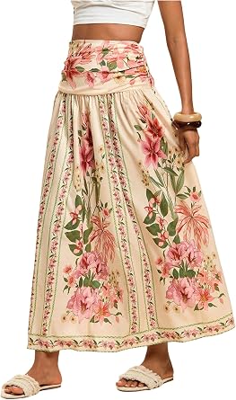 Verdusa Womens Boho Floral Print Maxi Skirt Shirred High Waisted A Line Flowy Long Skirts