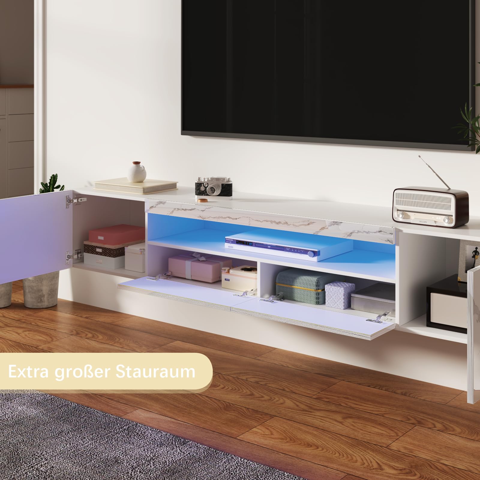 KEEPREAPER TV-Schrank, Lowboard mit LED-Beleuchtung, Fernsehtisch hängend, Fernsehschrank Hochglanz, für Fernseher bis zu 85 Zoll, für Wohnzimmer, 180 x 35 x 30cm (Weiß marmor)