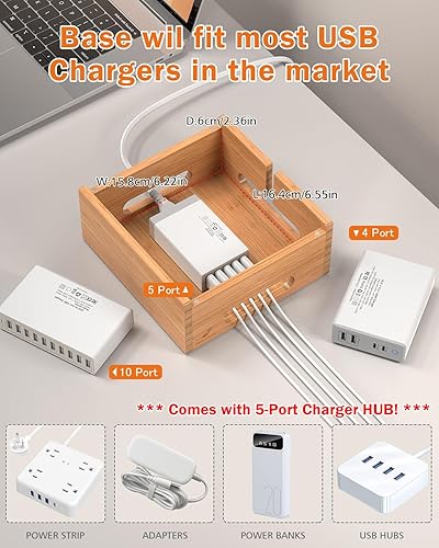 Miniatura 6 de Organizador de estación de carga de bambú para múltiples dispositivos incluye cargador USB de 5 puertos paquete de 6 cables de carga y