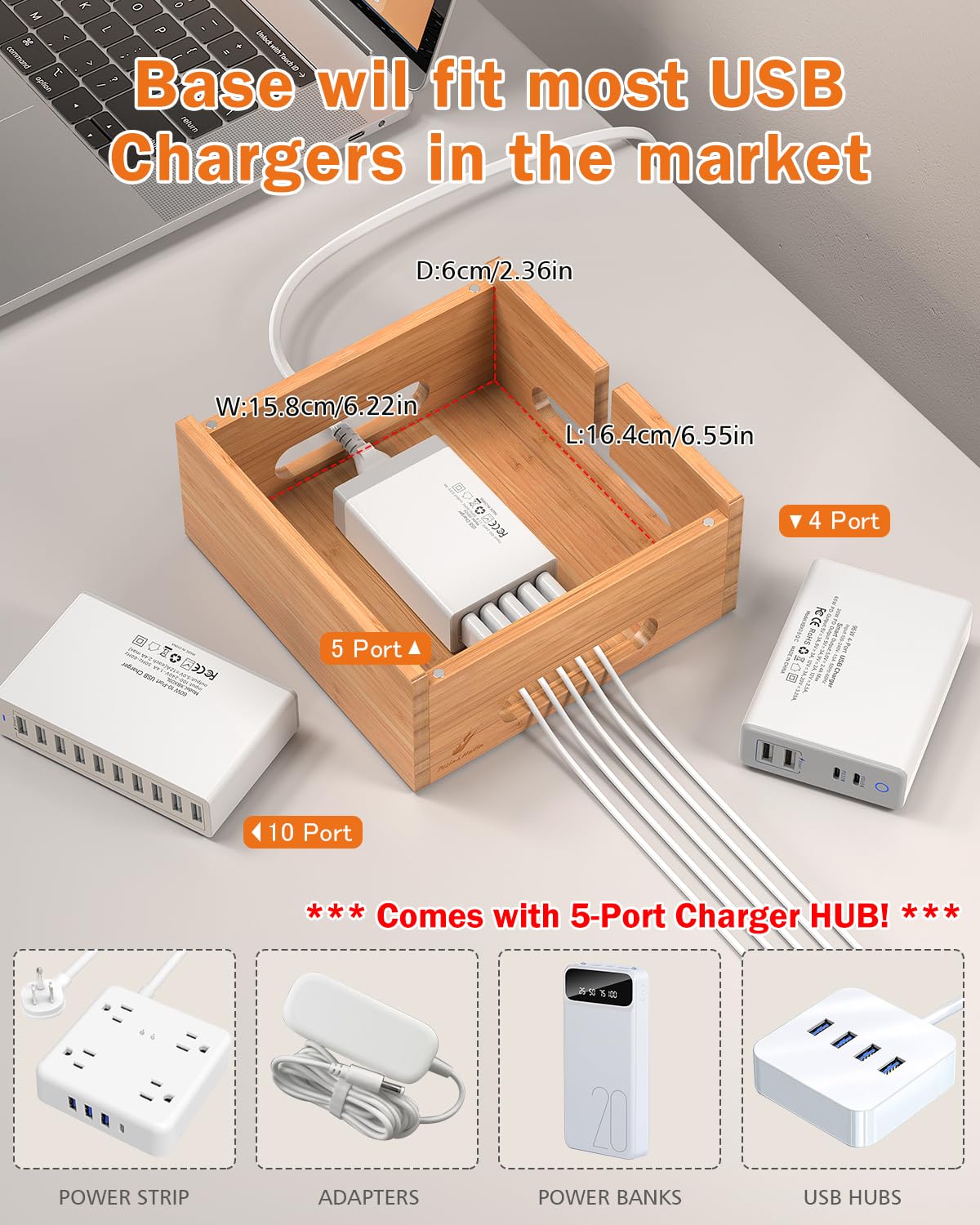 Bamboo Multi Device Charging Station, Multi-Function Charging Station with 5 Ports, Station Rack, Magnetic Design, Desk Docking Stations, Electronic Organizer for (Stainless Steel Color