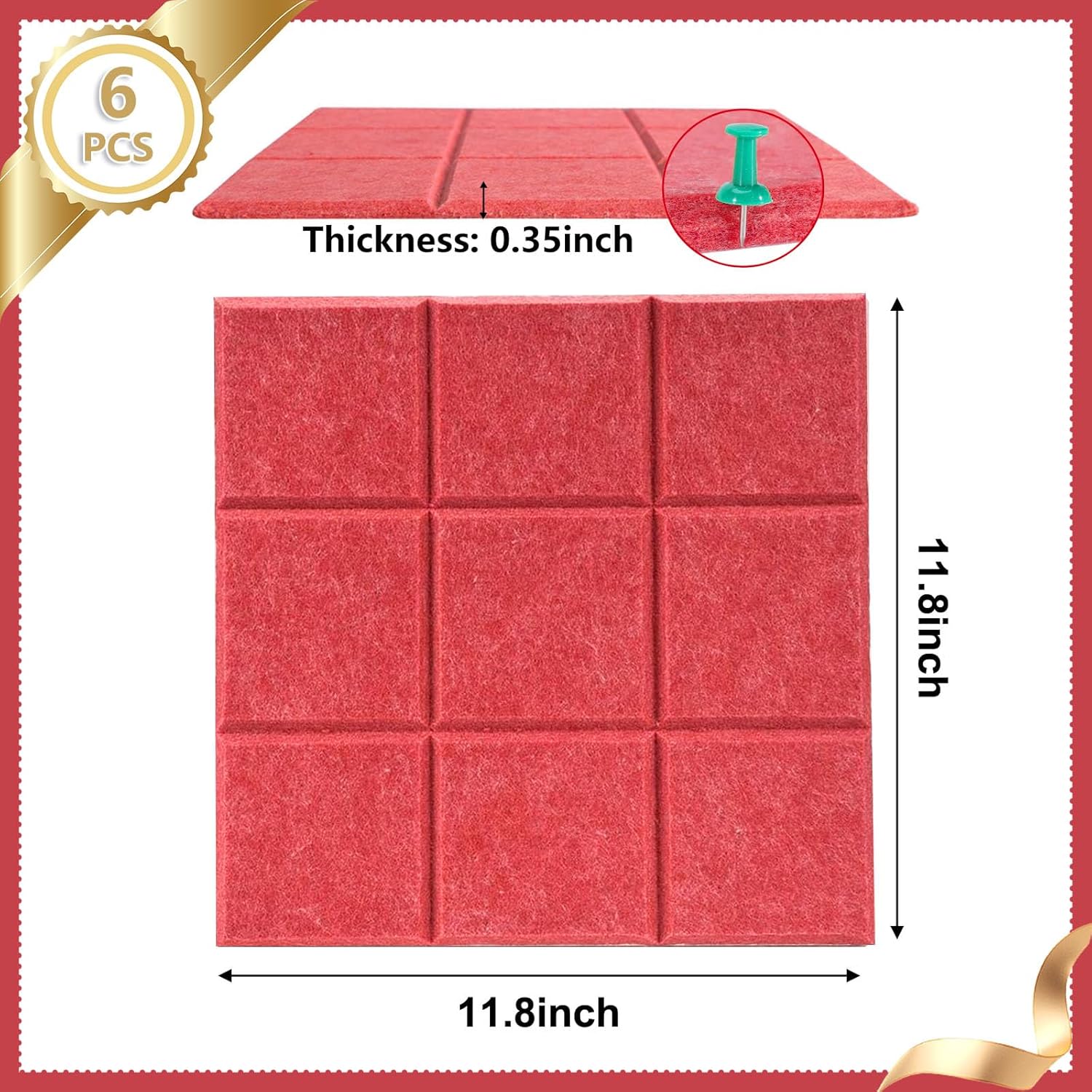 6 Packs Red Cork Board Felt Board Tiles, Bulletin Board 12"X12" with 30 Push Pins, Felt Board for Home Kitchen Office Decor, Self-Adhesive Corkboard Tiles for Walls School Message Display Board