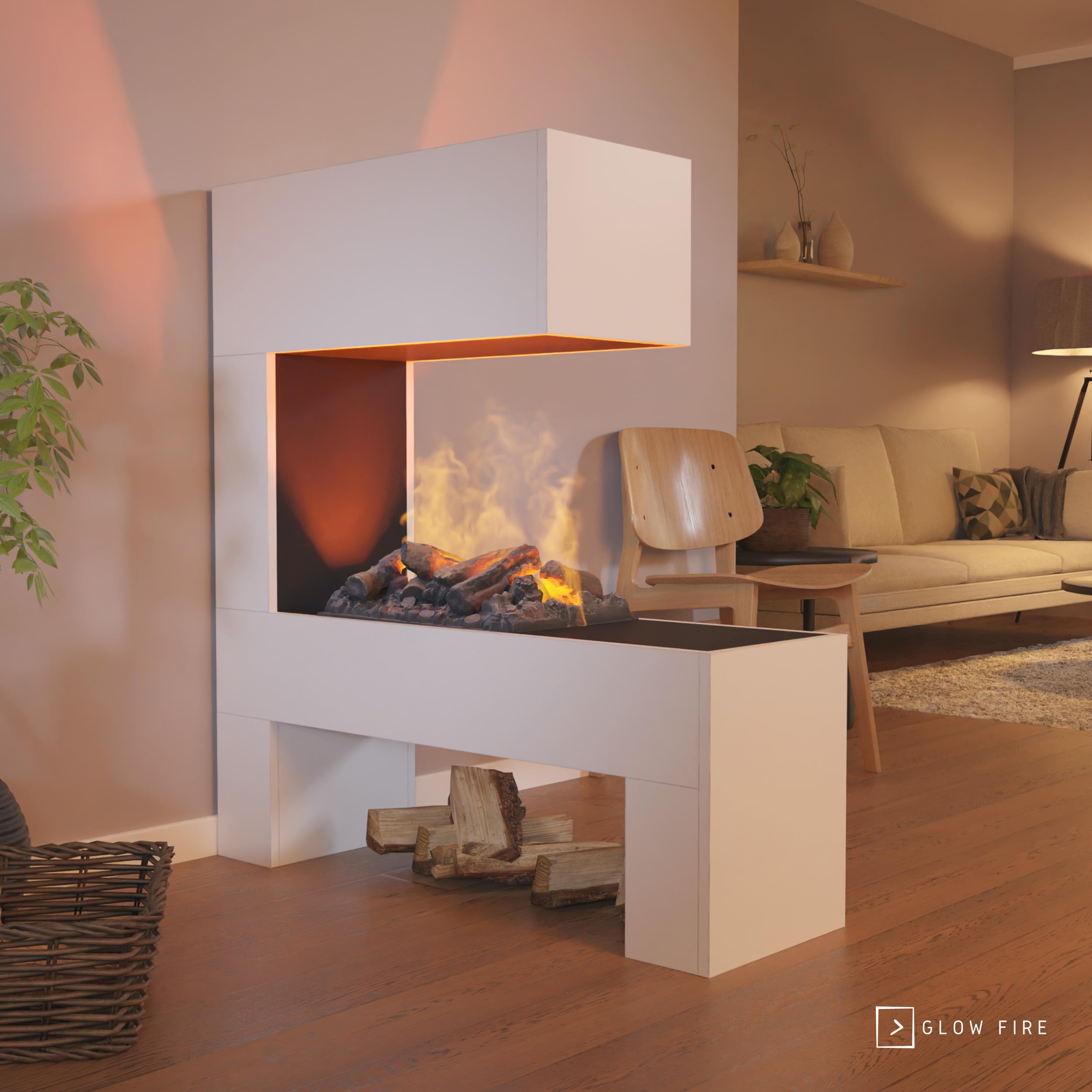 GLOW FIRE Kominek stojący na parę wodną MOZART - Elektryczny z realistycznym efektem 3D LED, trzaskiem, pilotem, 110x120x35 cm - Opti-Myst 500 z dekoracją drewnianą, Biały