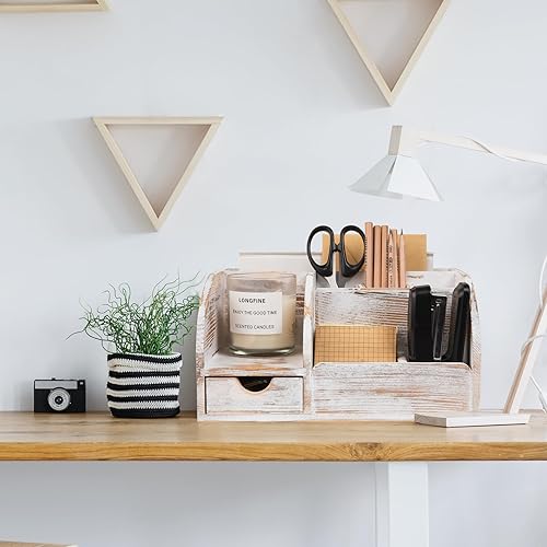 Miniatura 4 de Organizador de suministros y accesorios de escritorio de oficina, organizador de escritorio de madera con 6 compartimentos y 1 cajón para carpetas,