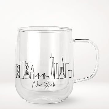 COLLECTIVE HOME - Double Walled Glass Coffee Mugs, Insulated Coffee Mug with Handle, Personalized Gifts for Women, Men, Christmas, 14oz Skyline Cups New York