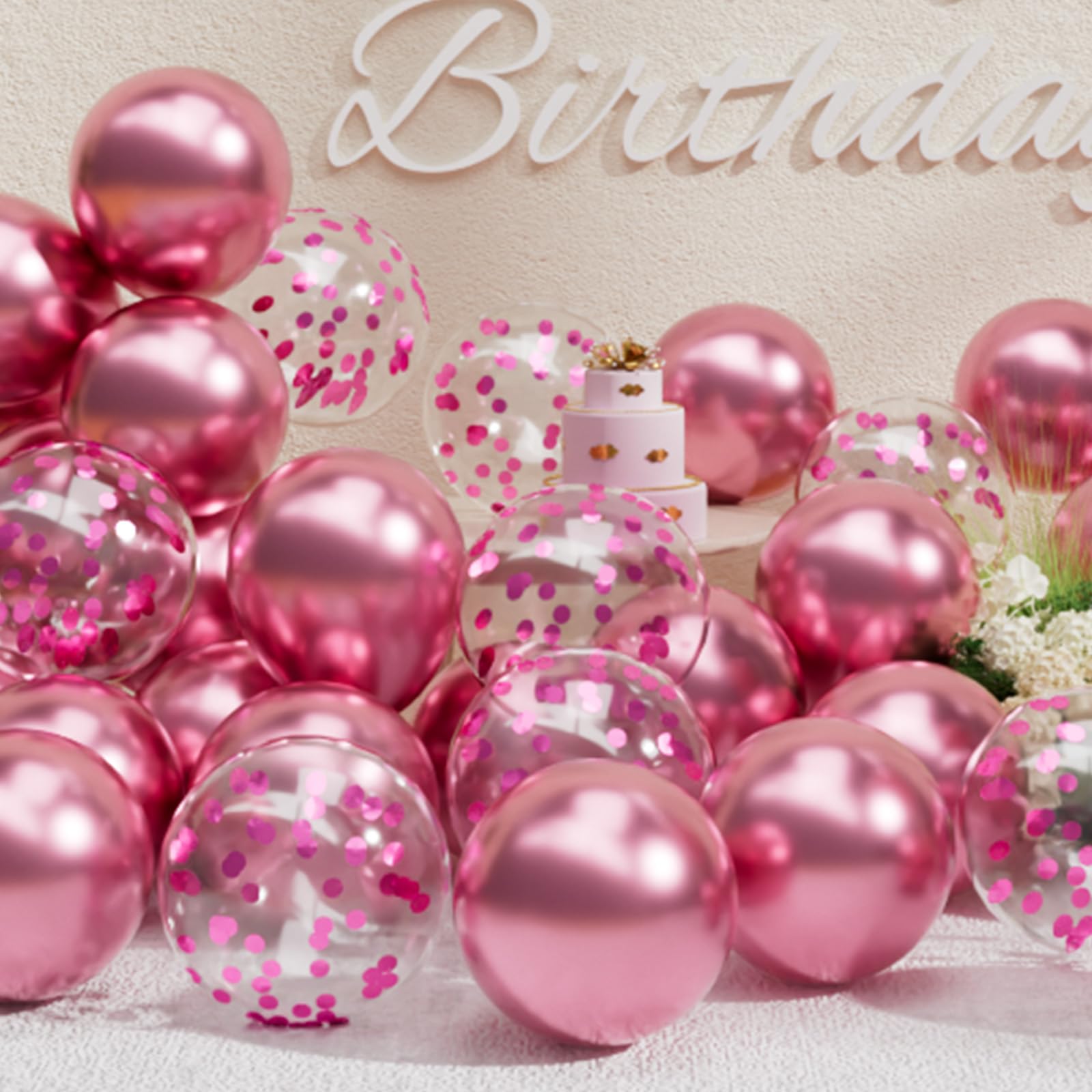 SUWEN Metallic Rosa Luftballons und Konfetti Luftballons Set 47 Stück Latex Helium Rose Pink Ballons für Geburtstag Jubiläum Party Deko