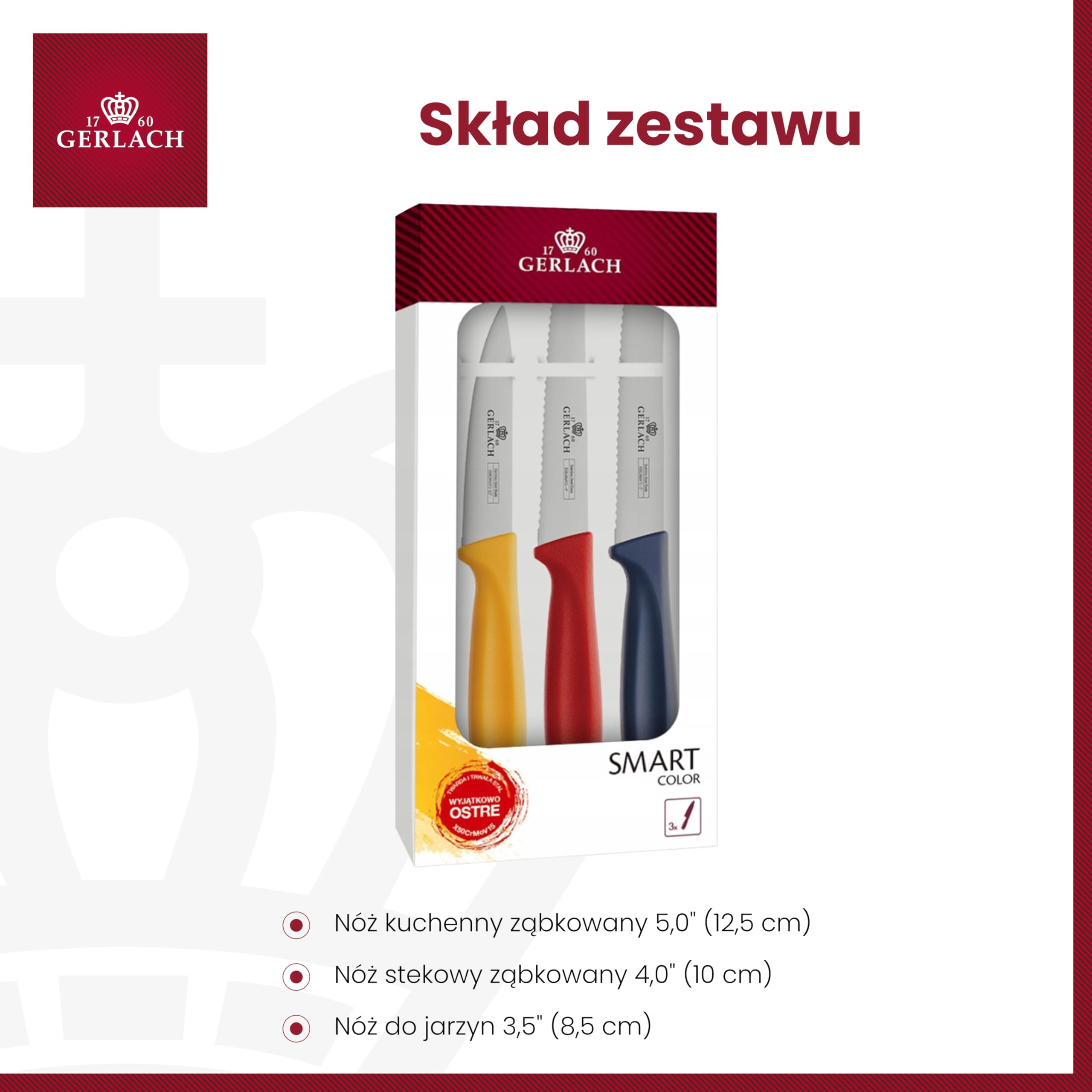 Gerlach Smart Color Zestaw Noży Kuchennych Komplet 3 Noży ze Stali Nierdzewnej Do Jarzyn Steków