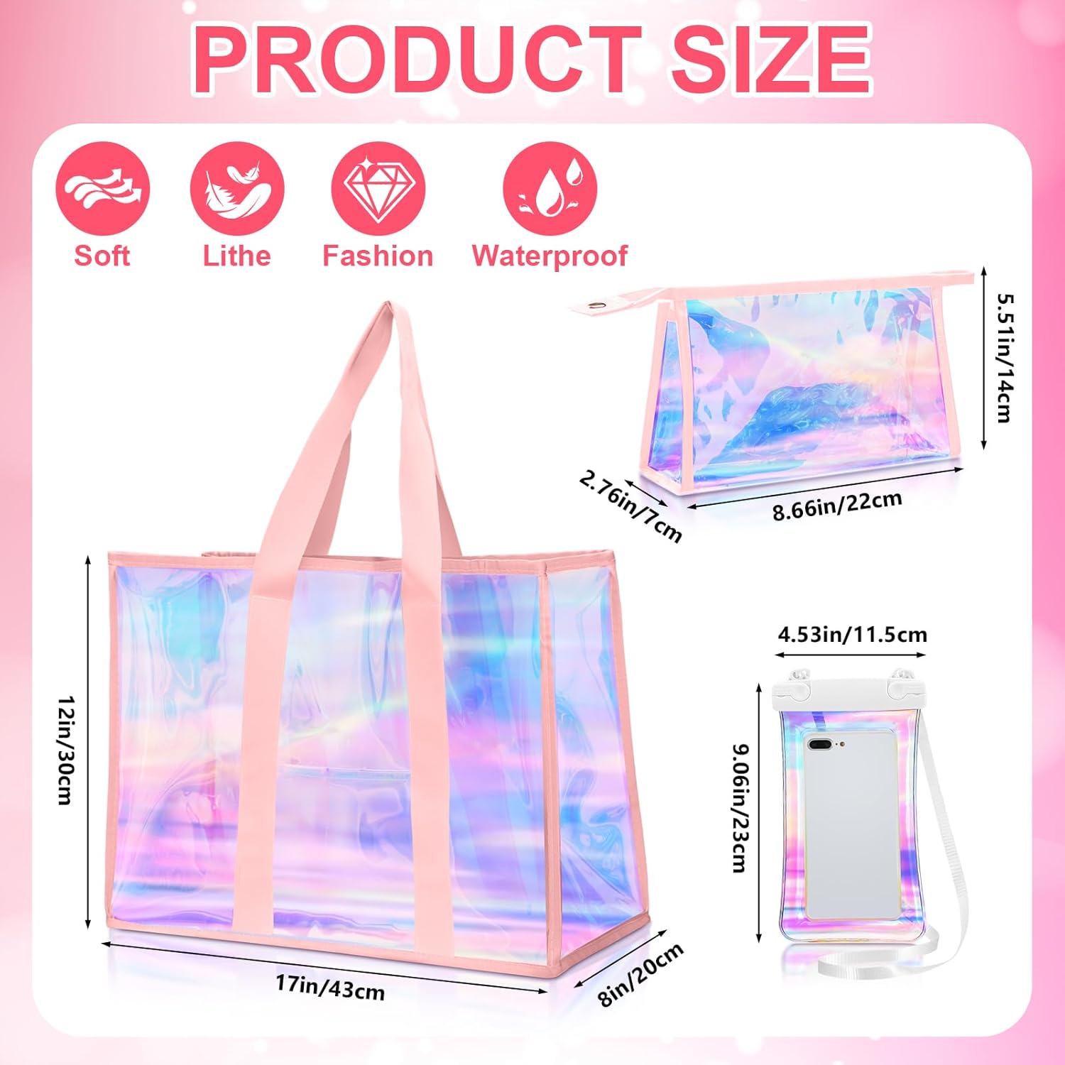 3 Pcs Waterproof Beach Bags Women Clear Iridescent Tote Bag Cosmetic Pouch for Phone Travel Beach Pool Essentials - Image 3