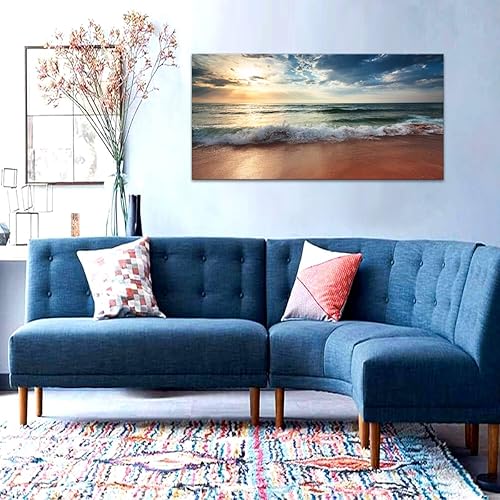 Miniatura 5 de Lienzo de playa para pared de sala de estar, dormitorio, decoración del hogar, amanecer azul océano, mar, playa, cuadros artísticos, decoración