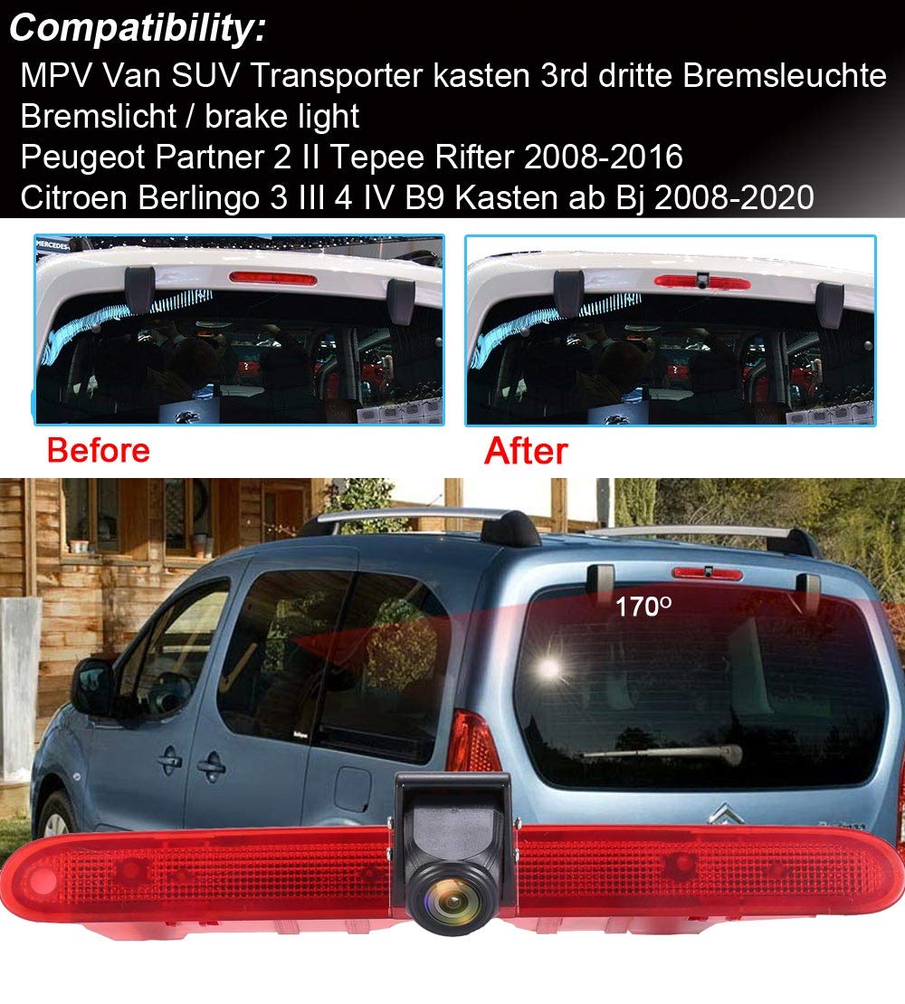 Caméra de recul HD pour feu stop avec moniteur de rétroviseur de 7 pouces, vision nocturne, caméra de recul de rechange pour Fiat E-Doblo 2022/Peugeot Partner 2 II Tepee Rifter/Citroën Berlingo 3 III