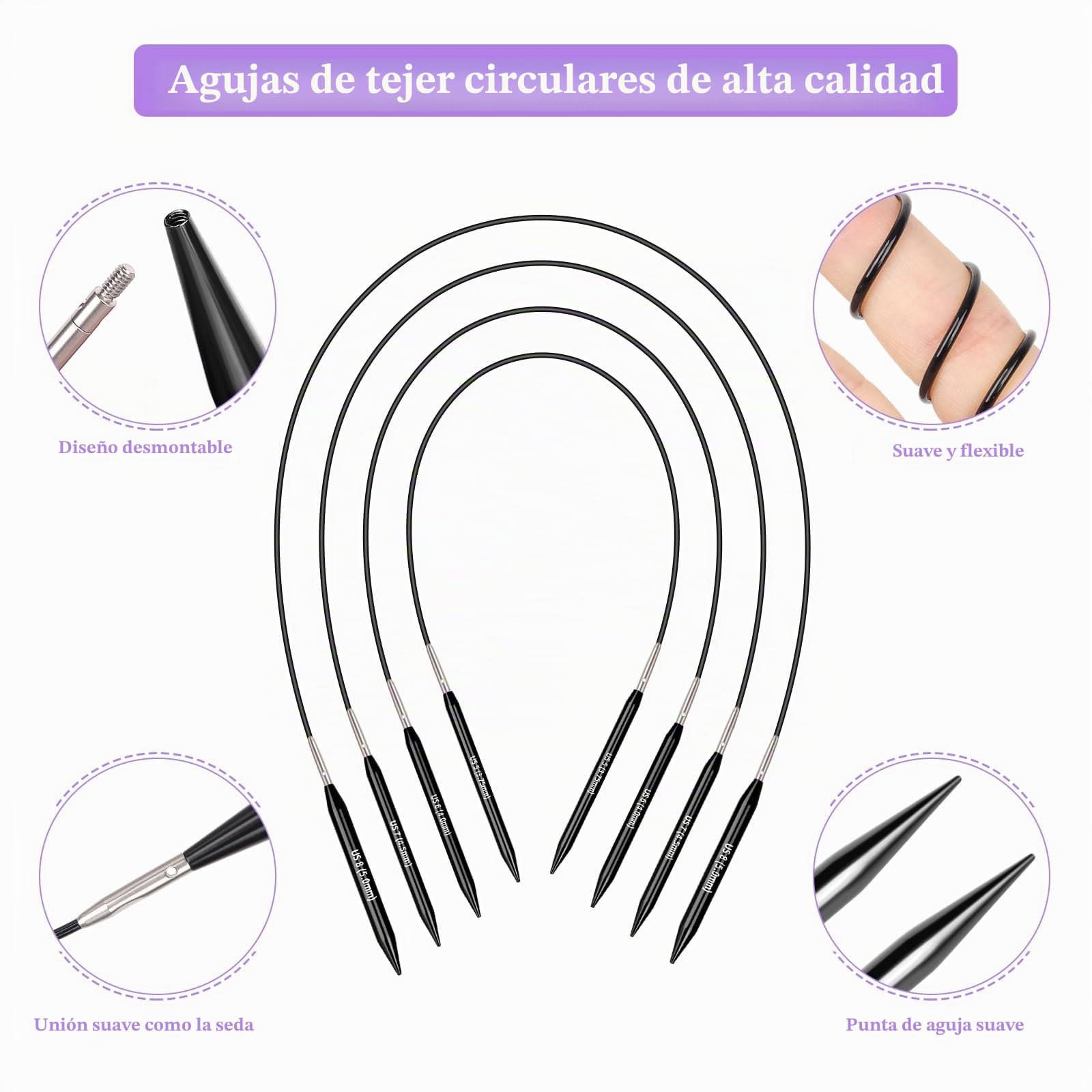 Coopay Juego de agujas de tejer cortas intercambiables, agujas de tejer circulares de 2 pulgadas para calcetines, 9 pares de agujas de tejer intercambiables de 3 mm a 6 mm, aguja de tejer redonda con