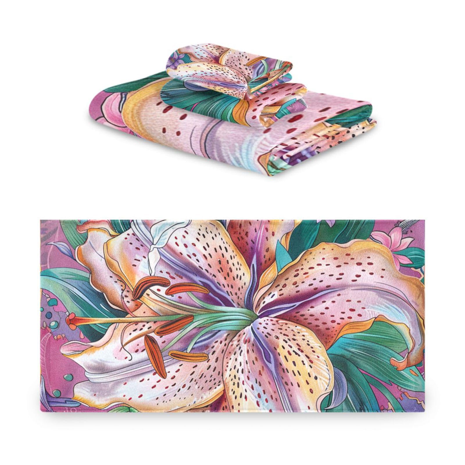 Set di 3 asciugamani morbidi per il viso, motivo floreale, stile bohémien, con motivo floreale, 1 asciugamano da bagno, 1 asciugamano per le mani, 1 panno per yoga, bagno e cucina