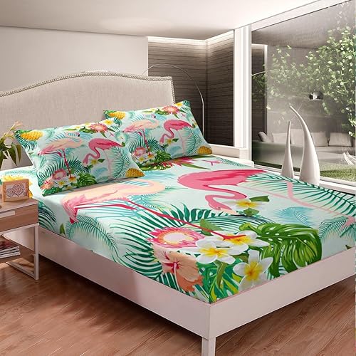 Miniatura 3 de Feelyou Juego de sábanas de flamenco tropical con sábana bajera de bolsillo profundo, tamaño King, juego de sábanas con estampado de flamenco rosa