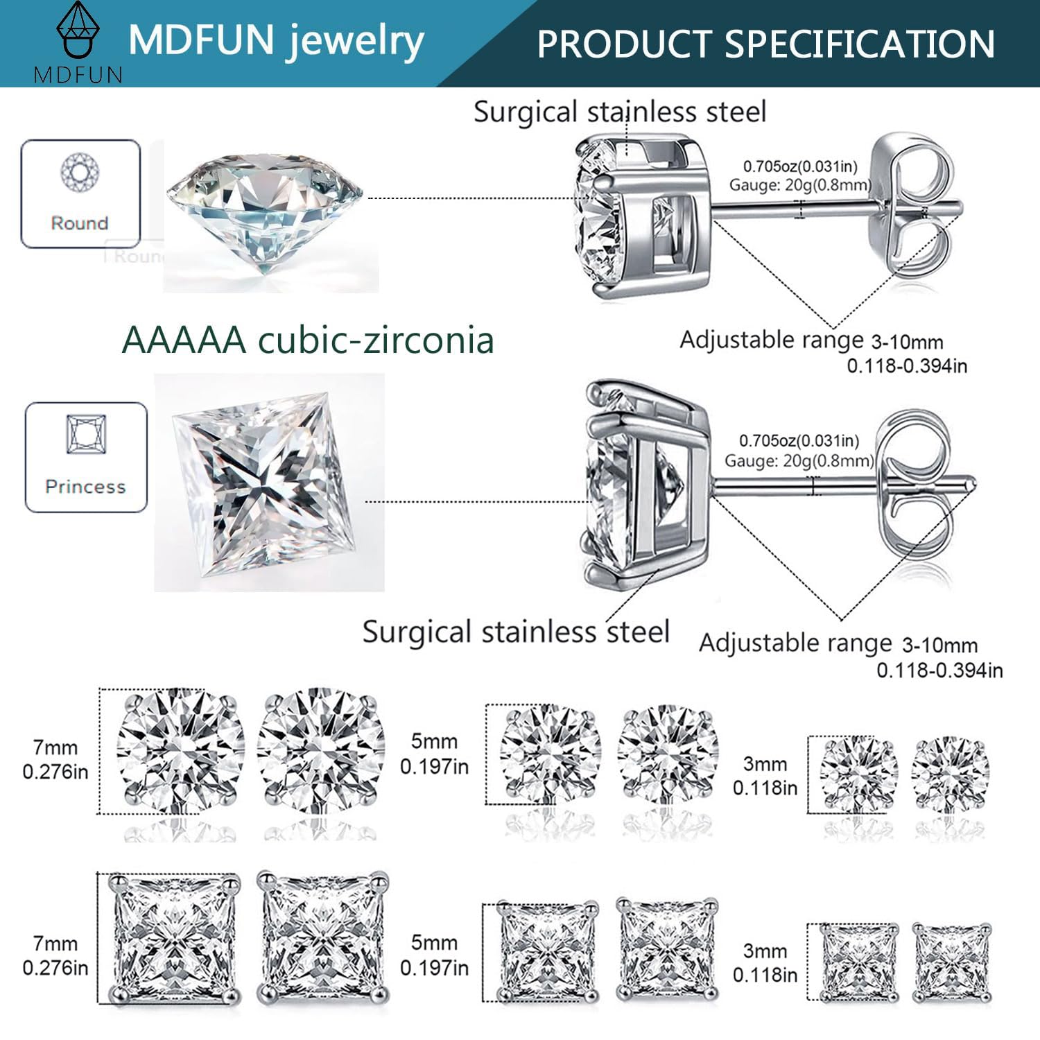 MDFUN 6 Pairs Stud Earrings Set 3mm/5mm/7mm Princess & Round Cubic Zirconia Earrings Hypoallergenic 316L Surgical Stainless Steel CZ Earrings for Women Men