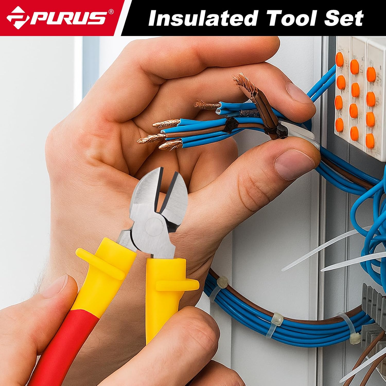 PURUS 10-Piece VDE Insulated Tool Set, Insulated Screwdriver Set with Magnetic S2 Steel Tips, Electricians' Pliers 8” Linesman, 6" Diagonal and Long-Nose – Professional Electricians Tool Kit