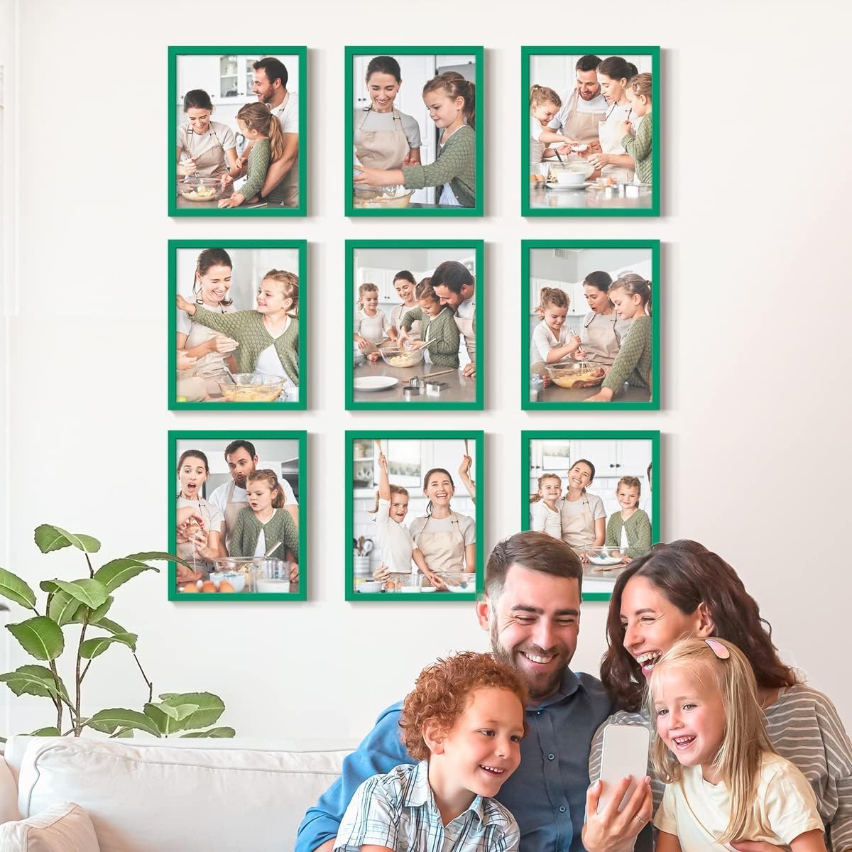 Renditions Gallery Set of 9, 8X10 Custom Photo Prints with Real Wood Picture Frames. Create Personalized Photos with Peel & Stick Photo Frames. Green Frame