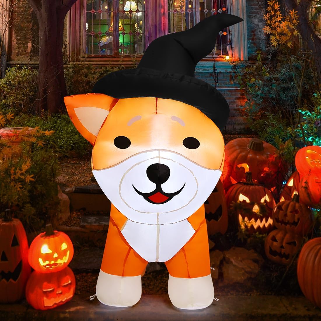 COMIN 4 FT Halloween Inflatables Dog Outdoor Decorations Blow Up Yard Wizard Shiba Inu Dog with Built-in LEDs for Indoor Party Garden Lawn Decor