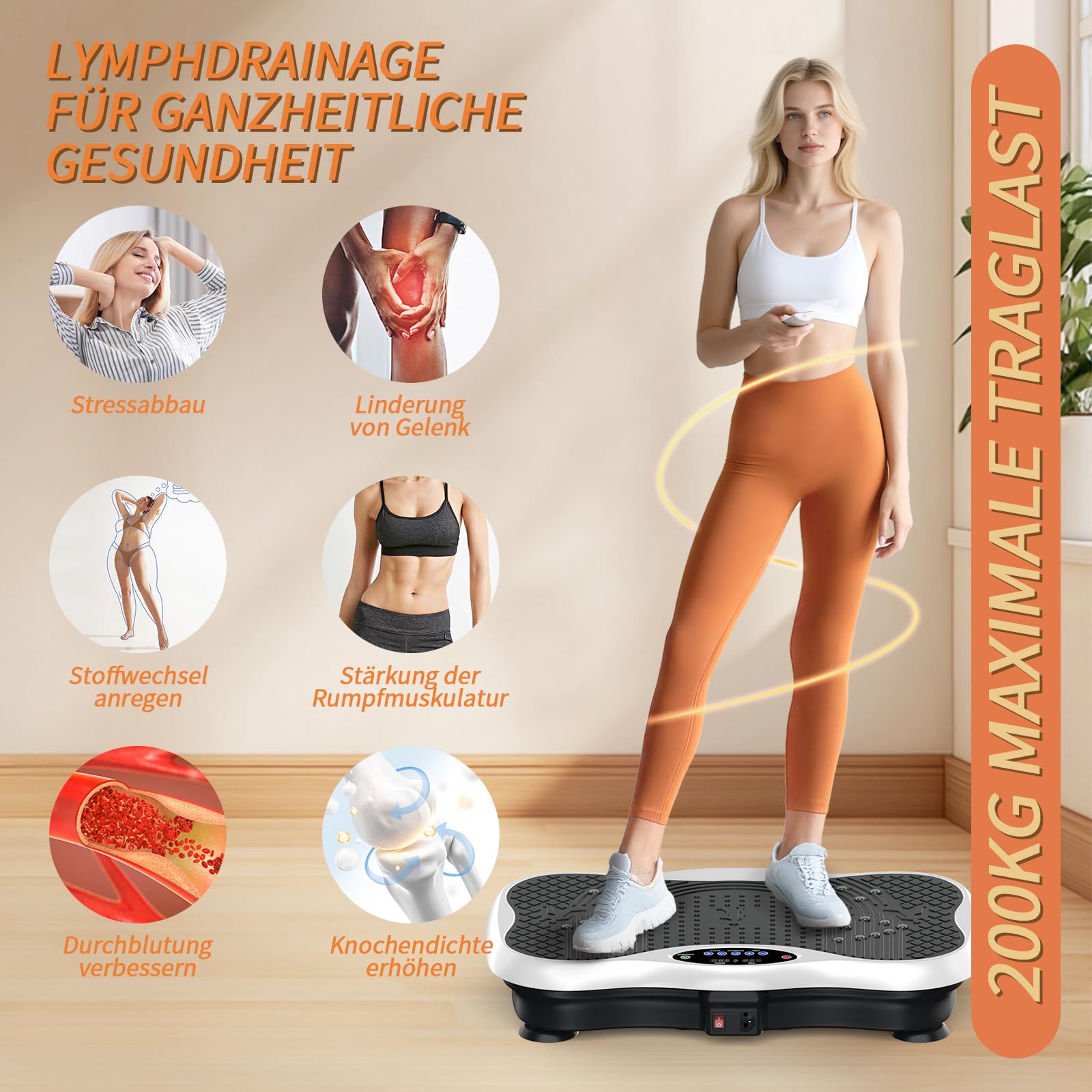 Vibration Plate, Vibration Board mit Haltestange, Griff, Bluetooth-Lautsprecher, Fernbedienung und Spannseil Rüttelplatte Sport für Zuhause, Vibrationsplatte für Frauen Ganzkörpertraining