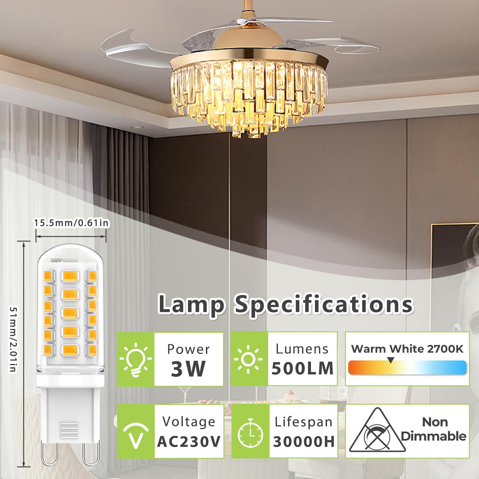 Eco.Luma G9 LED Bulbs Warm White 2700K, 3W Equivalent 40W-50W G9 Halogen, 500LM, No Flicker, Non-Dimmable - Image 2