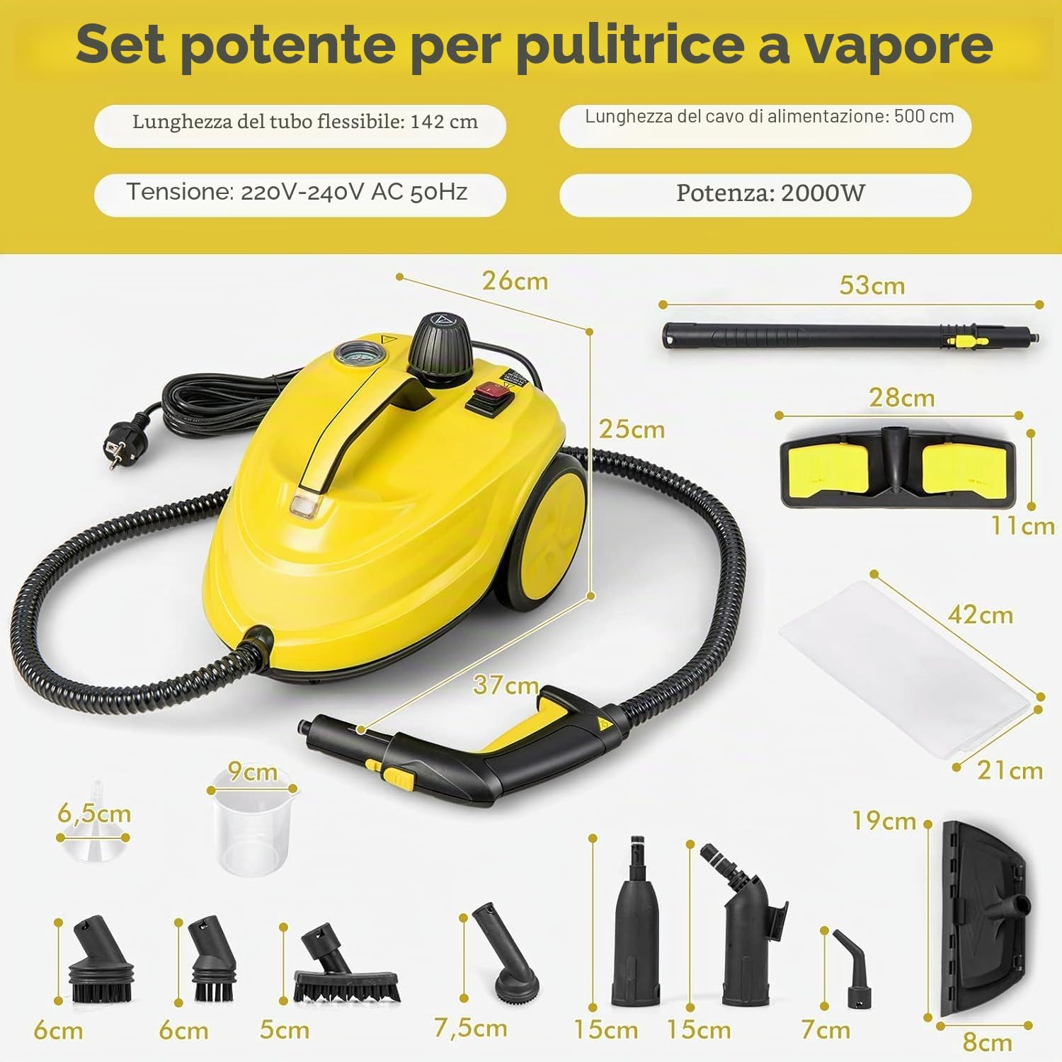 FANTASK Pulitore a vapore da 2000 W con 13 accessori, pressione del vapore: max. 5 bar, temperatura: fino a 160 ℃, potenza superficie: 108 m², serbatoio: 1,8 l, tempo di riscaldamento: 8 minuti