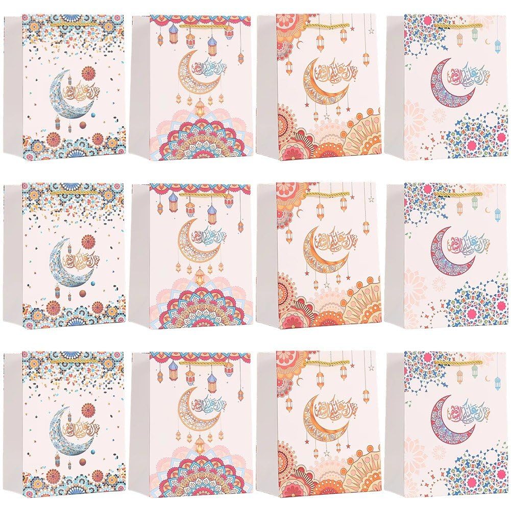 12 Bolsas de regalo para Eid Mubarak de papel con asa para recuerdos de fiesta musulmana