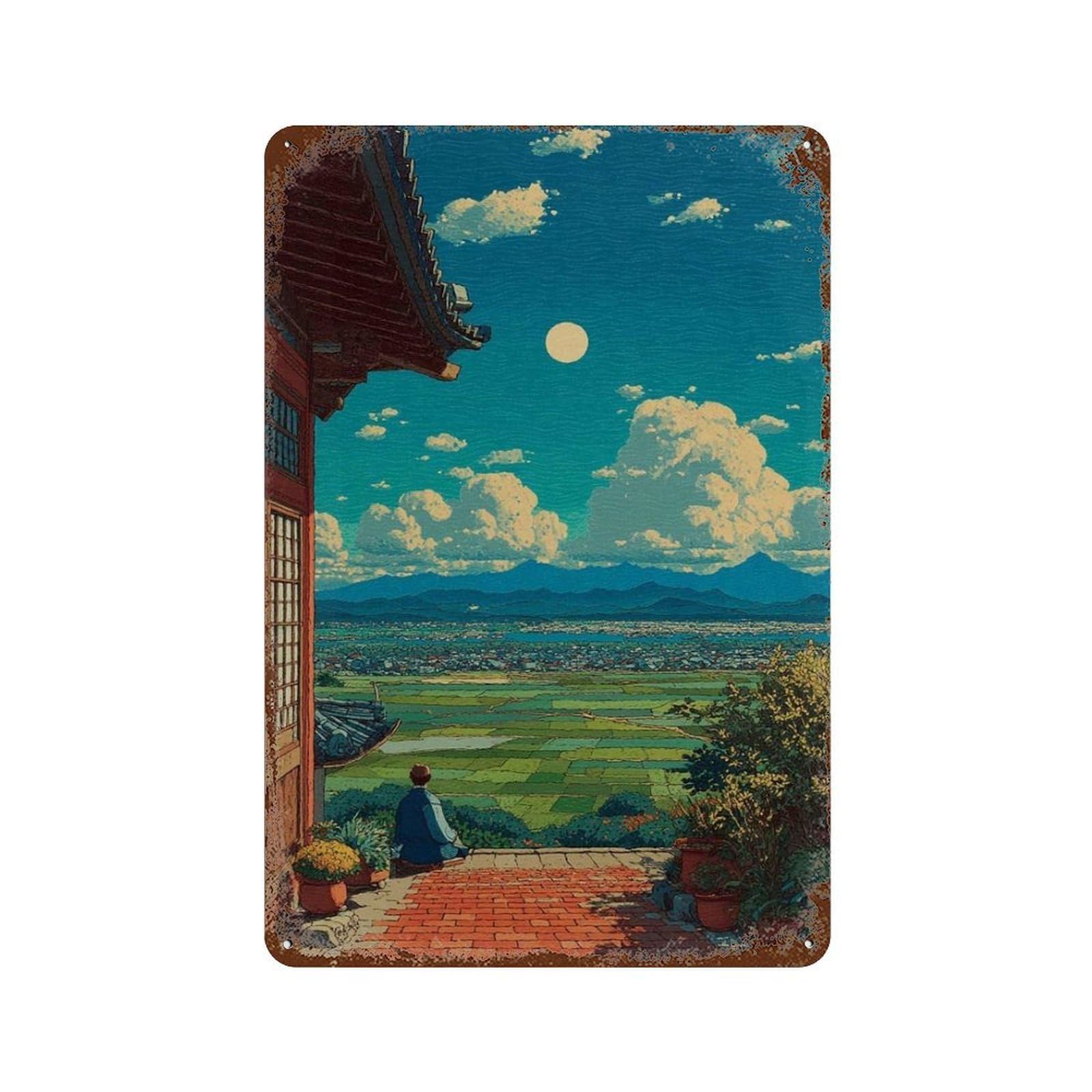 xiaoxiaoshen Japanese Landscape – Serene Countryside View Moonlit Sky with Temple And Rice Fi Wall Decor Art Metal Tin Poster Modern Home Decor Art Home Bar Shop Decorations Vintage Sign 30x20cm