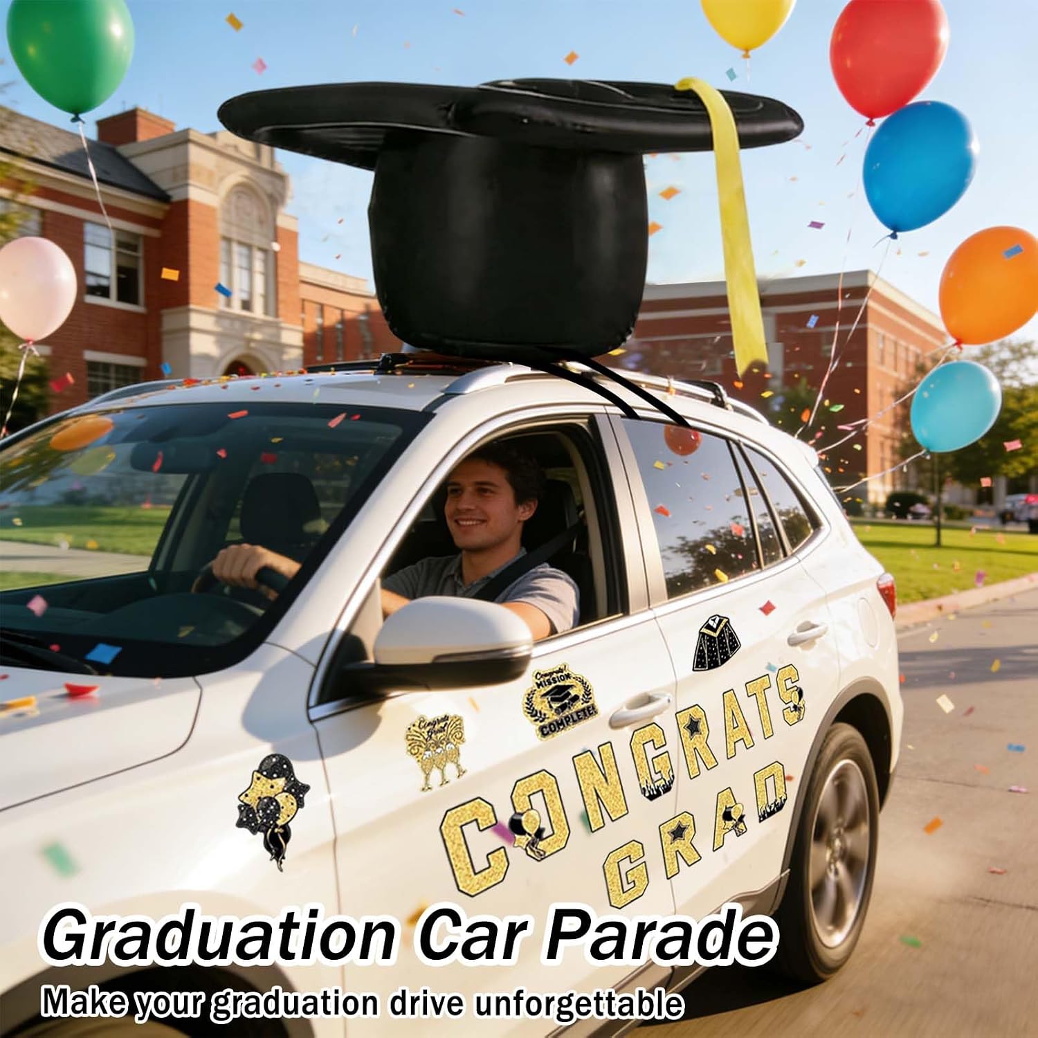 2026 Inflatable Graduation Car Decoration, 23" Large Inflatable Grad Cap Car Decor PVC Inflatable Graduation Cap Blow Up Decor for Car Roof High School Collage Prom Party Favor Grad Parade(Black Gold)