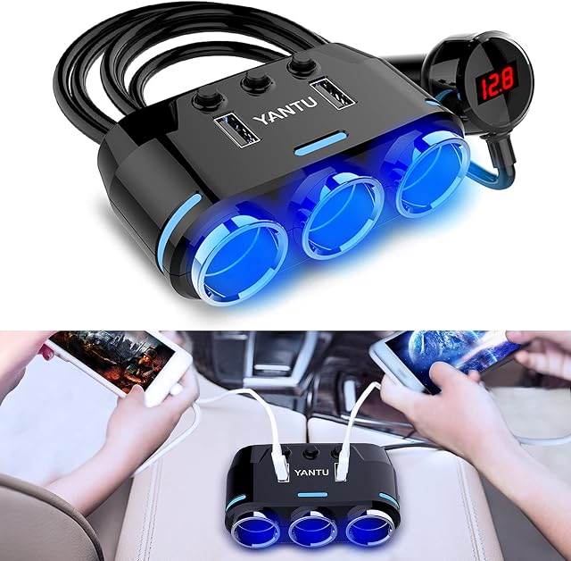EEEKit 3 Socket Car Charger Car Cigarette Lighter Adapter 12V/24V 100W Car Socket Splitter with 3.1A Dual USB Car Fast Charger and On/Off Switch + Voltage Display for iPhone iPad GPS Dashcam