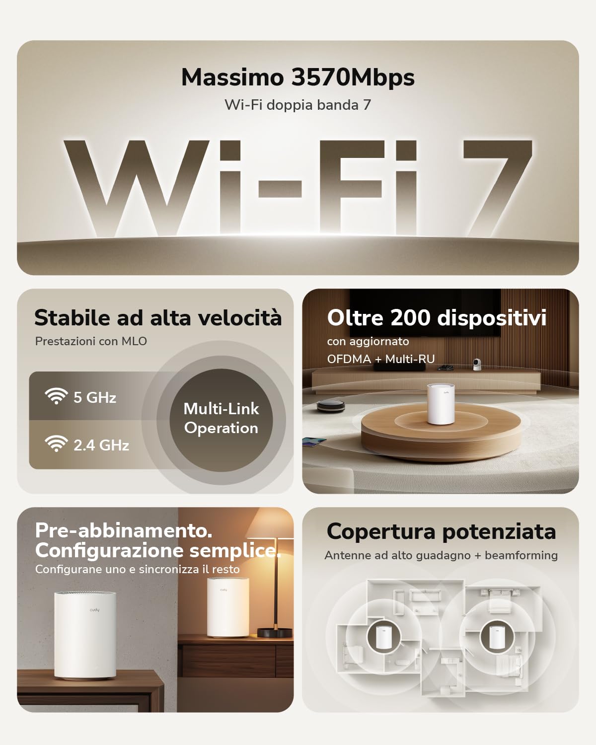 Cudy Dual Band BE3600 WiFi 7 Sistema Mesh Wi-Fi, 3,6 Gbps 160 Mhz, copertura fino a 4.800 mq, 3 porte Gigabit, compatibile con Multi-VPN, controllo APP Cudy (M3600, confezione da 2)